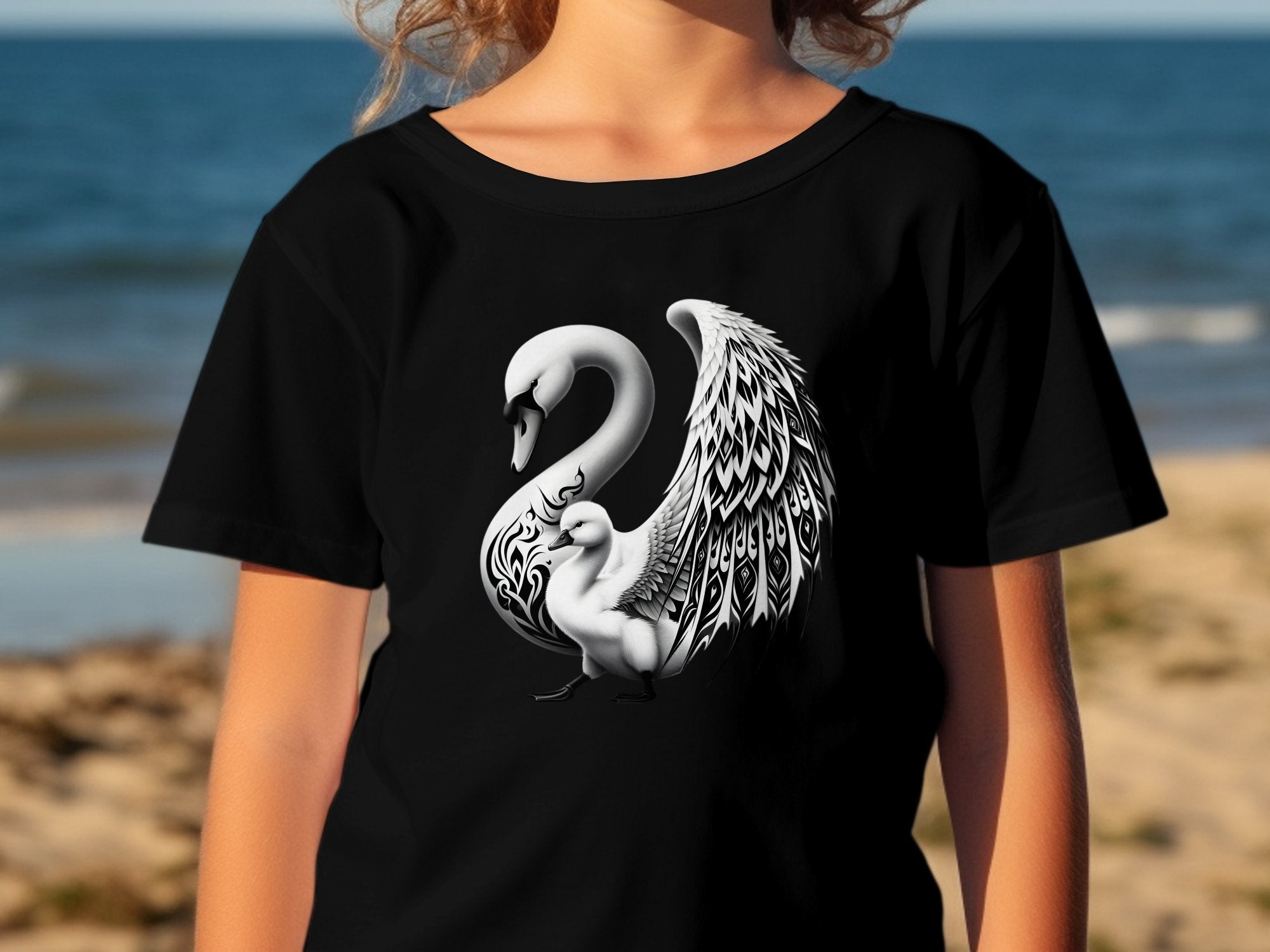 Swan & Cygnet- Black White Gildan Kids T-Shirt Realistic Family Talisman Unisex Tee Graphic Design