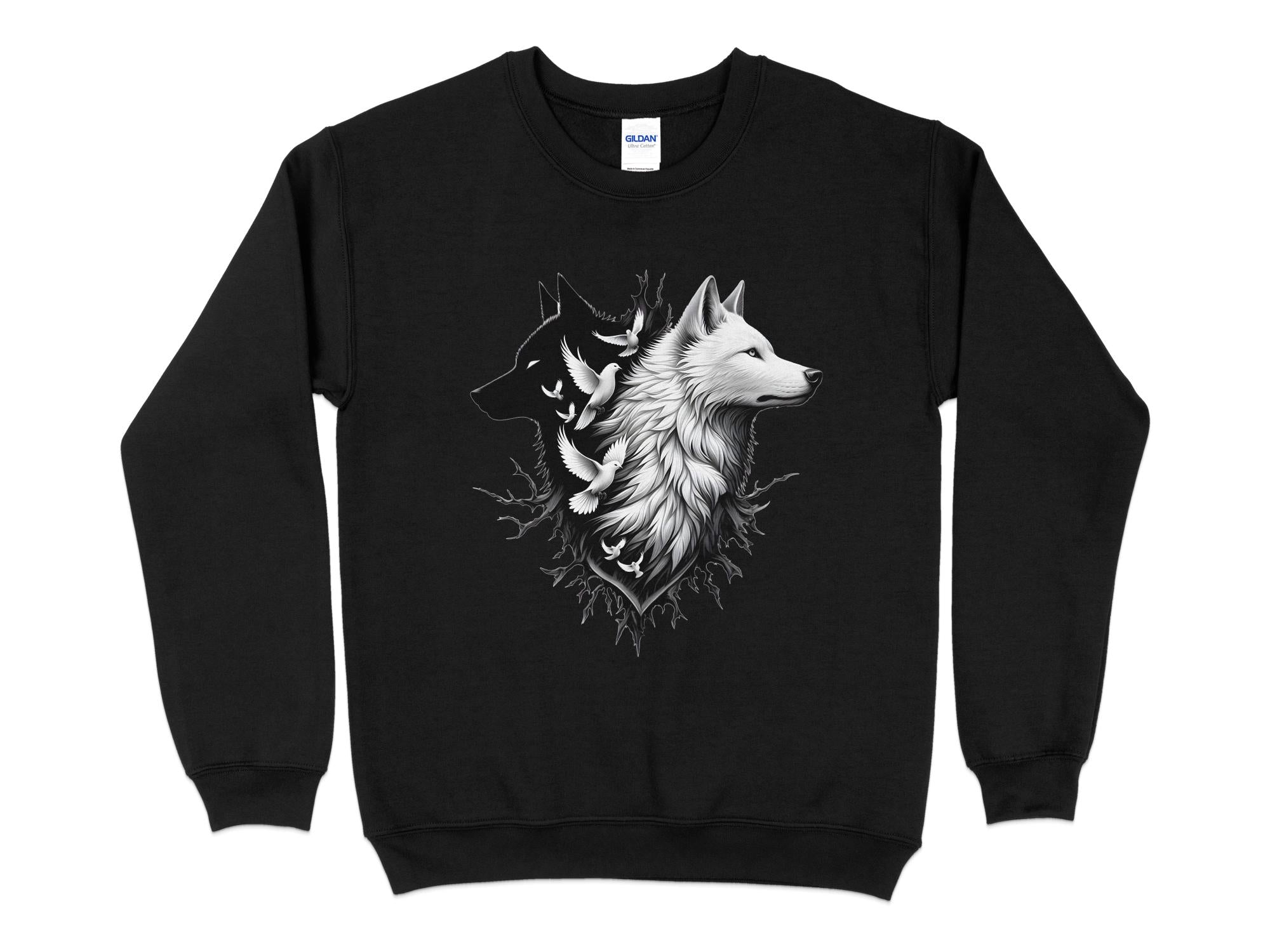 Wolf x Doves - Black White Gildan Sweatshirt Realistic Animal Talisman Unisex Tee Graphic Design