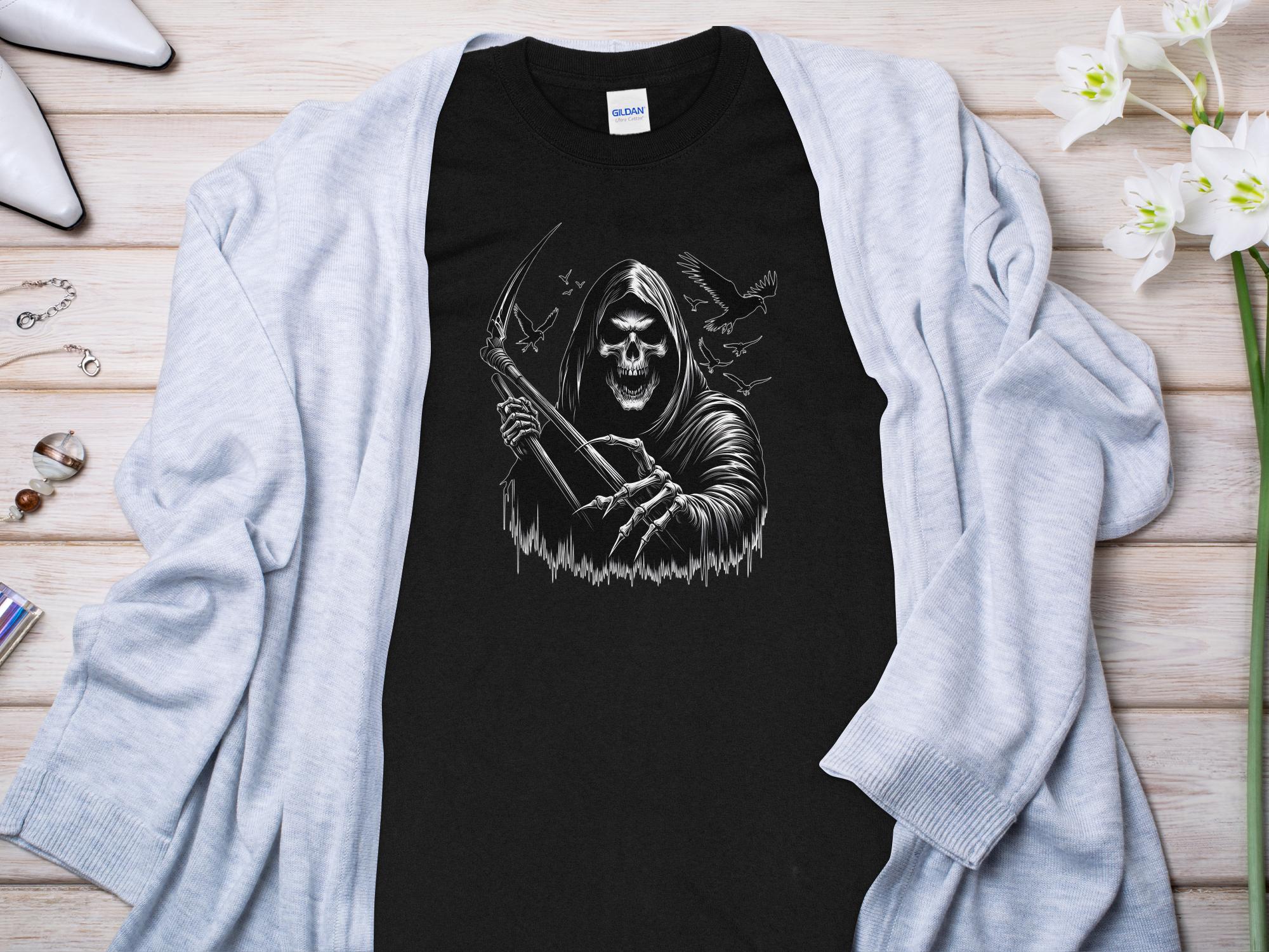 Grim Reaper - Black White Gildan Long Sleeve Commemorative Talisman Unisex Tee Graphic Design