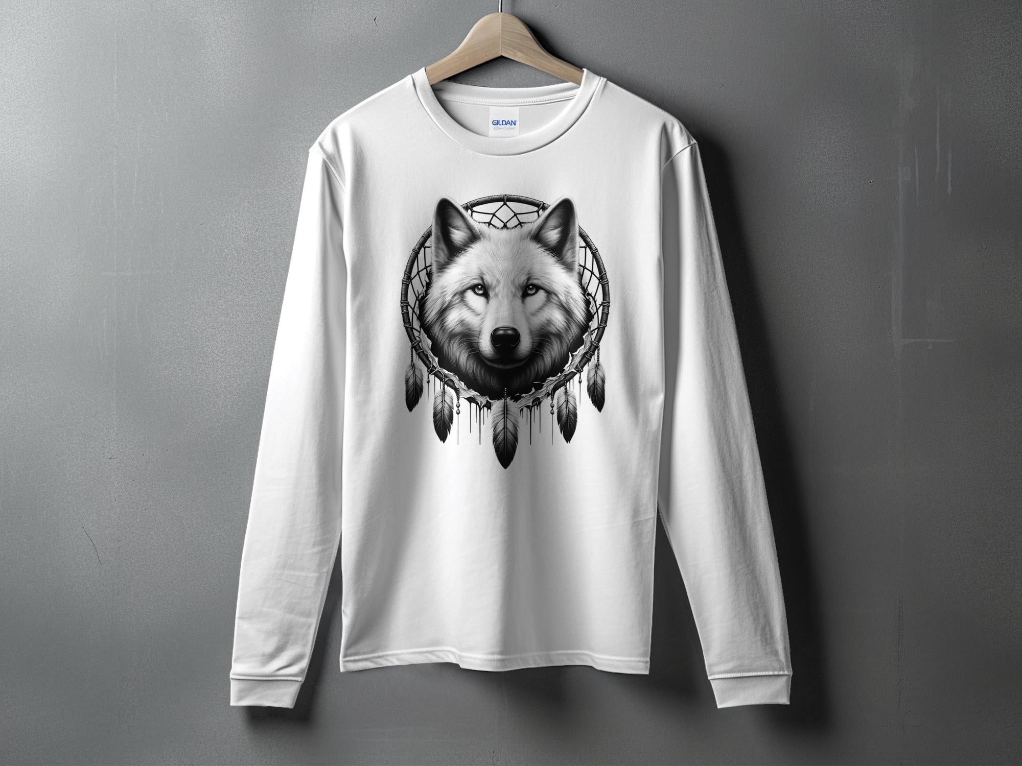 Dreamcatcher Wolf - Coloured Gildan Long Sleeve Realistic Native American Talisman Unisex Mythology Tee Graphic Design