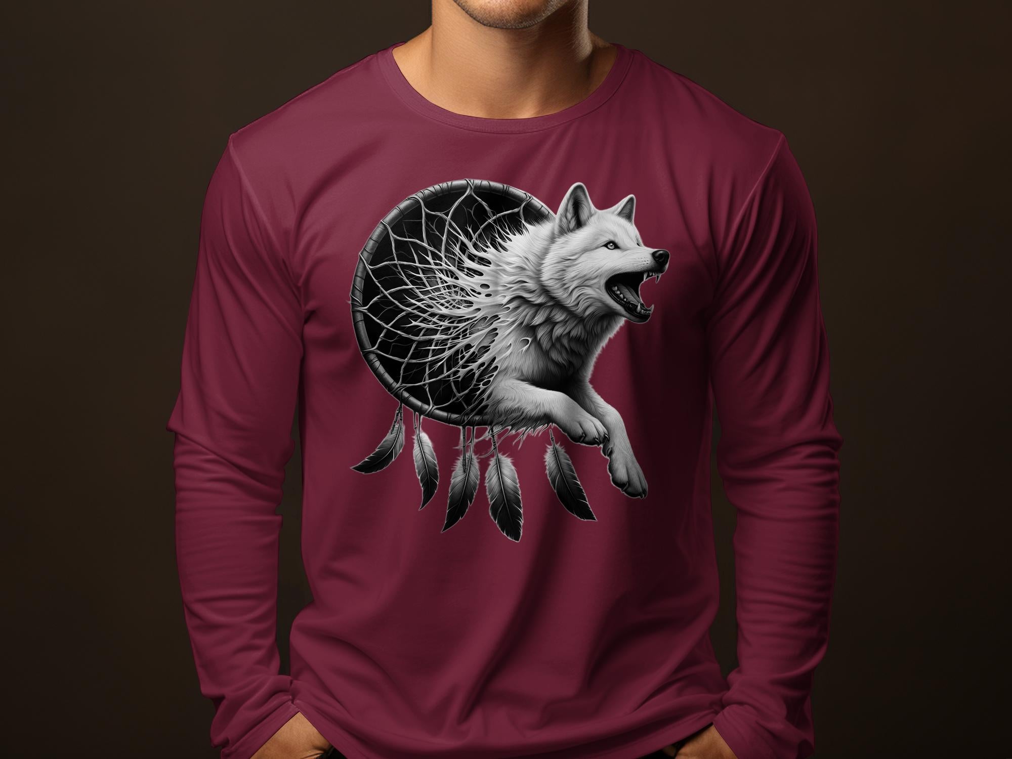 Dreamcatcher Wolf - Coloured Gildan Long Sleeve Realistic Native American Talisman Unisex Mythology Tee Graphic Design