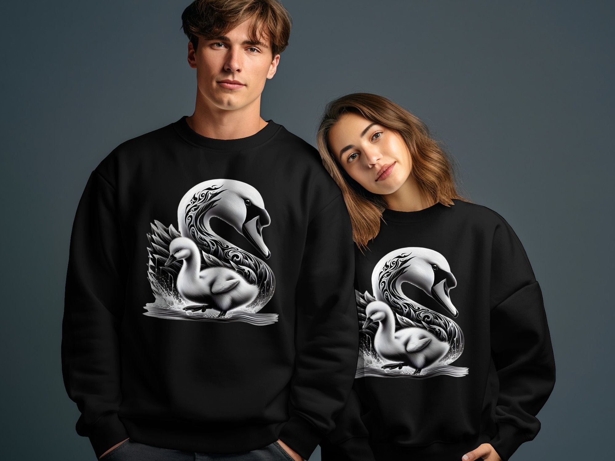 Swan & Cygnet- Black White Gildan Sweatshirt Realistic Family Talisman Unisex Tee Graphic Design