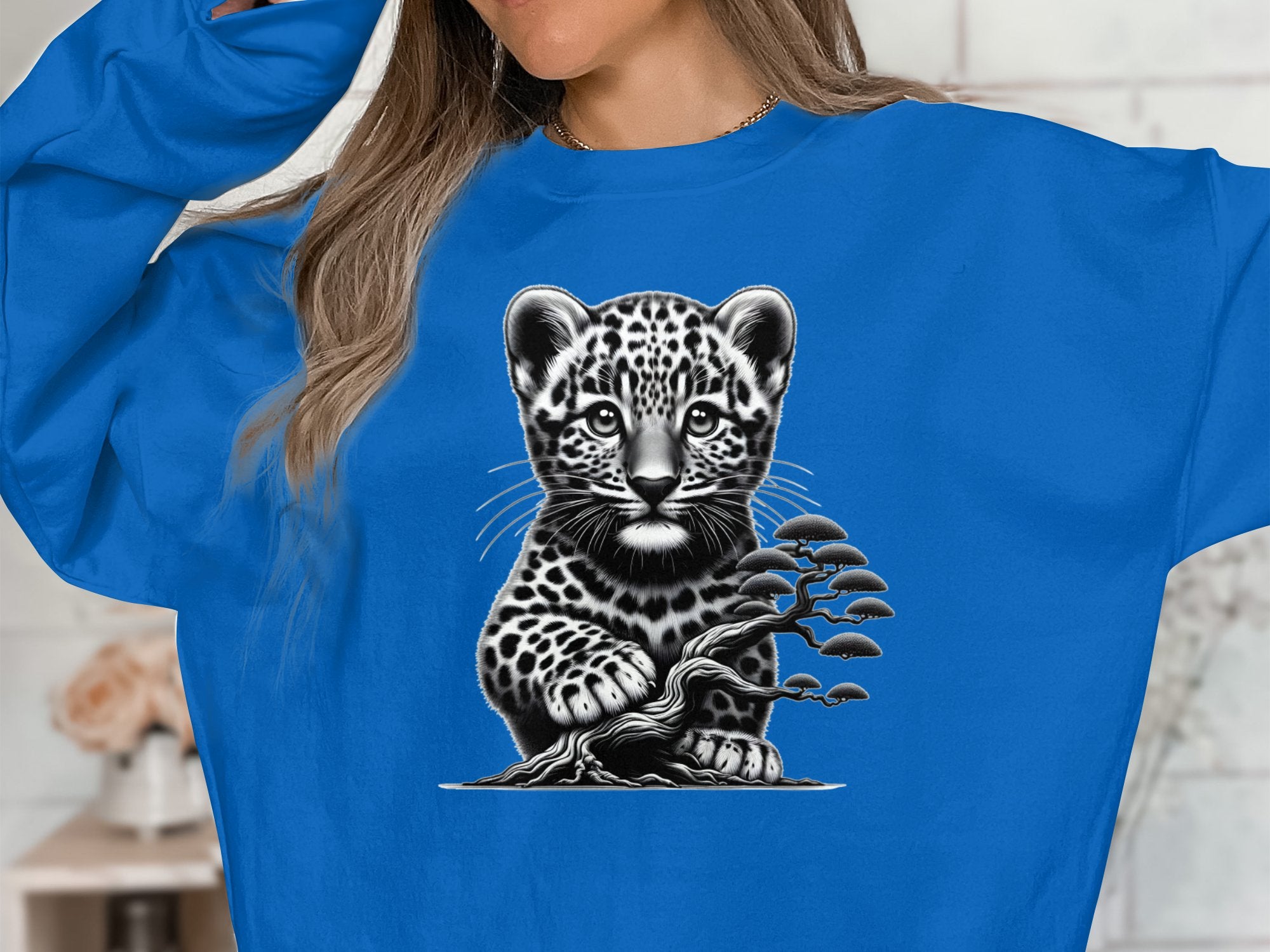 Leopard Bonsai - Coloured Gildan Sweatshirt Realistic Animal Talisman Unisex Cute Tee Graphic Design