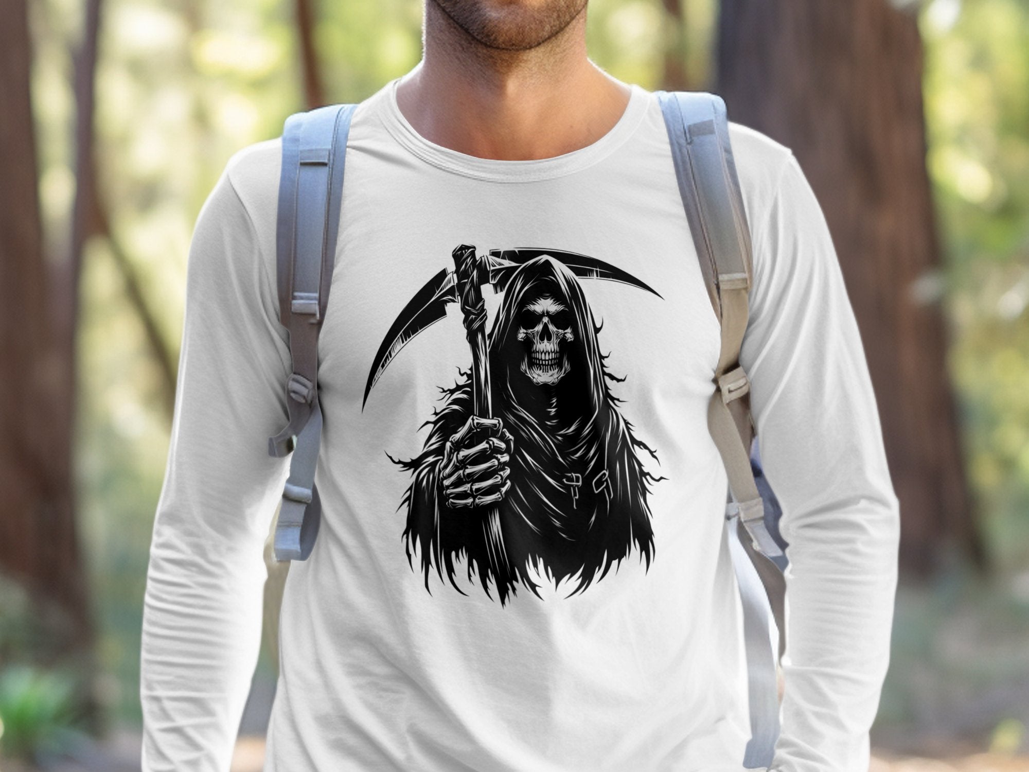 Grim Reaper - Black White Gildan Long Sleeve Commemorative Talisman Unisex Tee Graphic Design