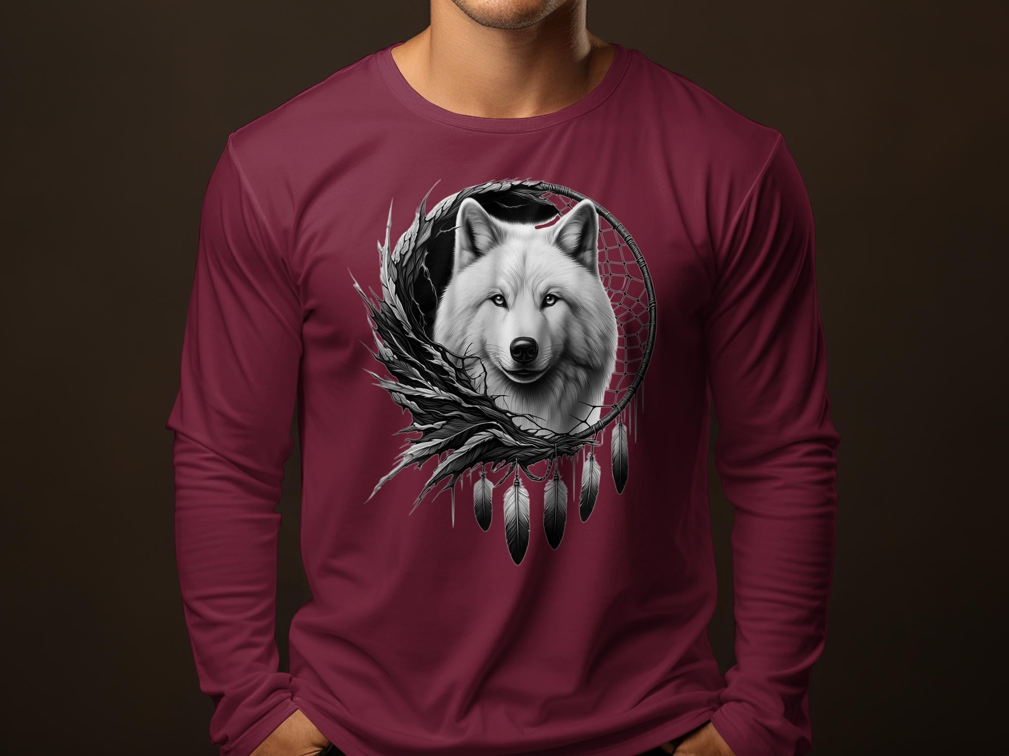 Dreamcatcher Wolf - Coloured Gildan Long Sleeve Realistic Native American Talisman Unisex Mythology Tee Graphic Design