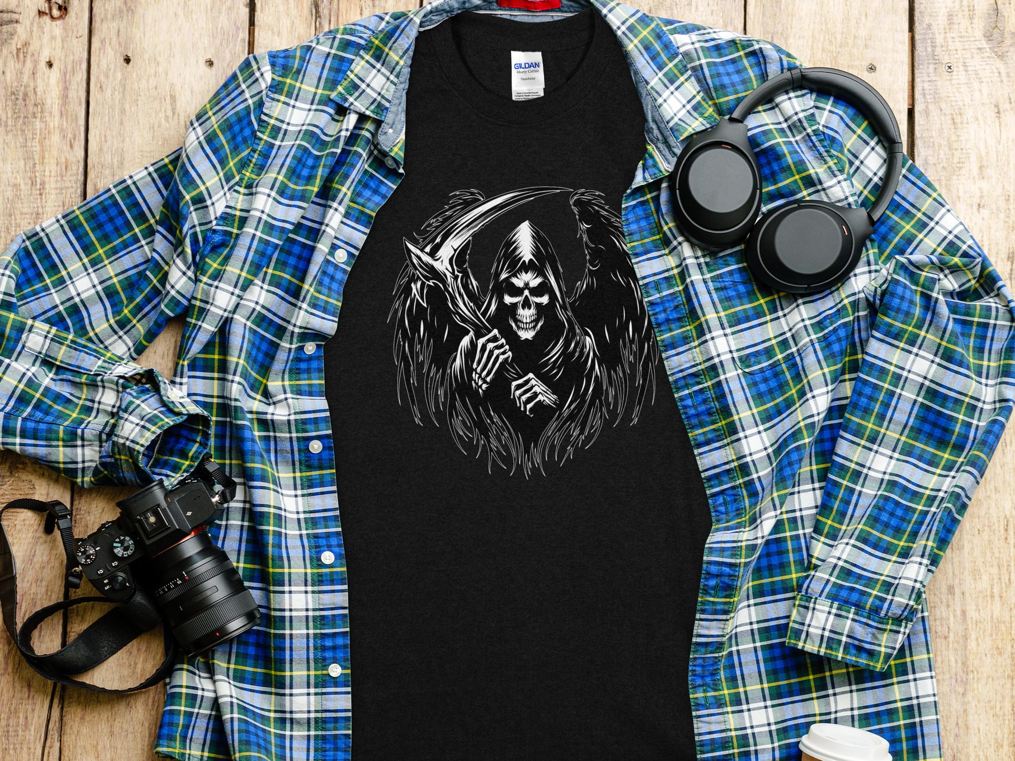 Grim Reaper - Black White Gildan T-Shirt Commemorative Talisman Unisex Tee Graphic Design