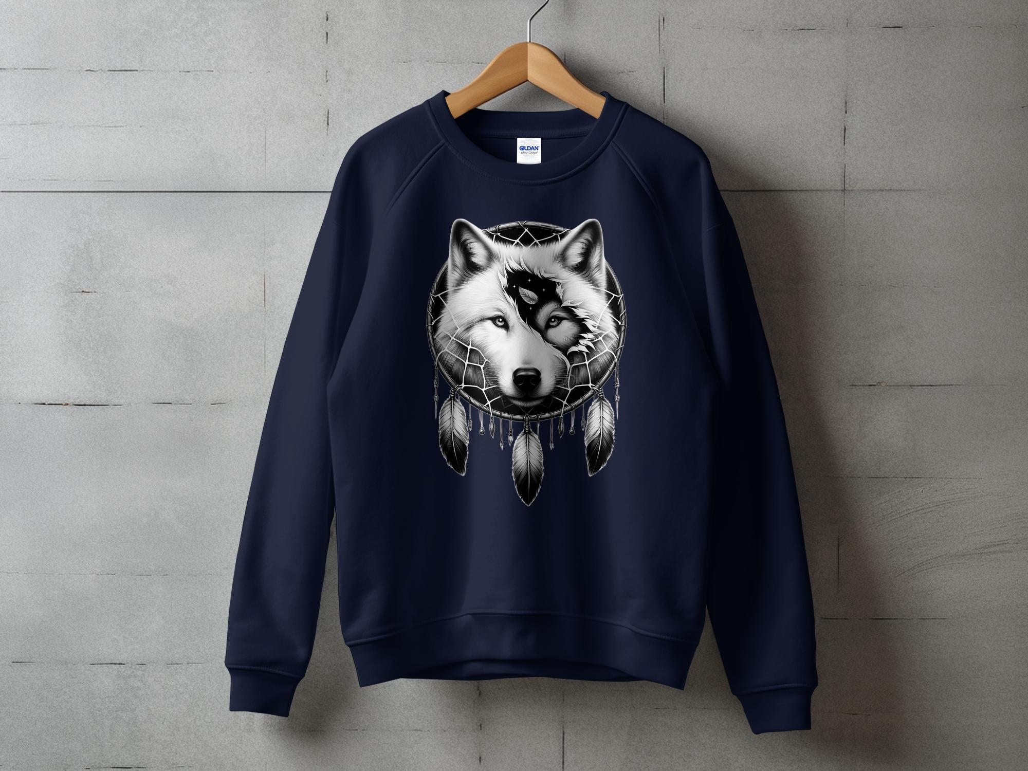 Dreamcatcher Wolf - Coloured Gildan Sweatshirt Realistic Native American Talisman Unisex Mythology Tee Graphic Design