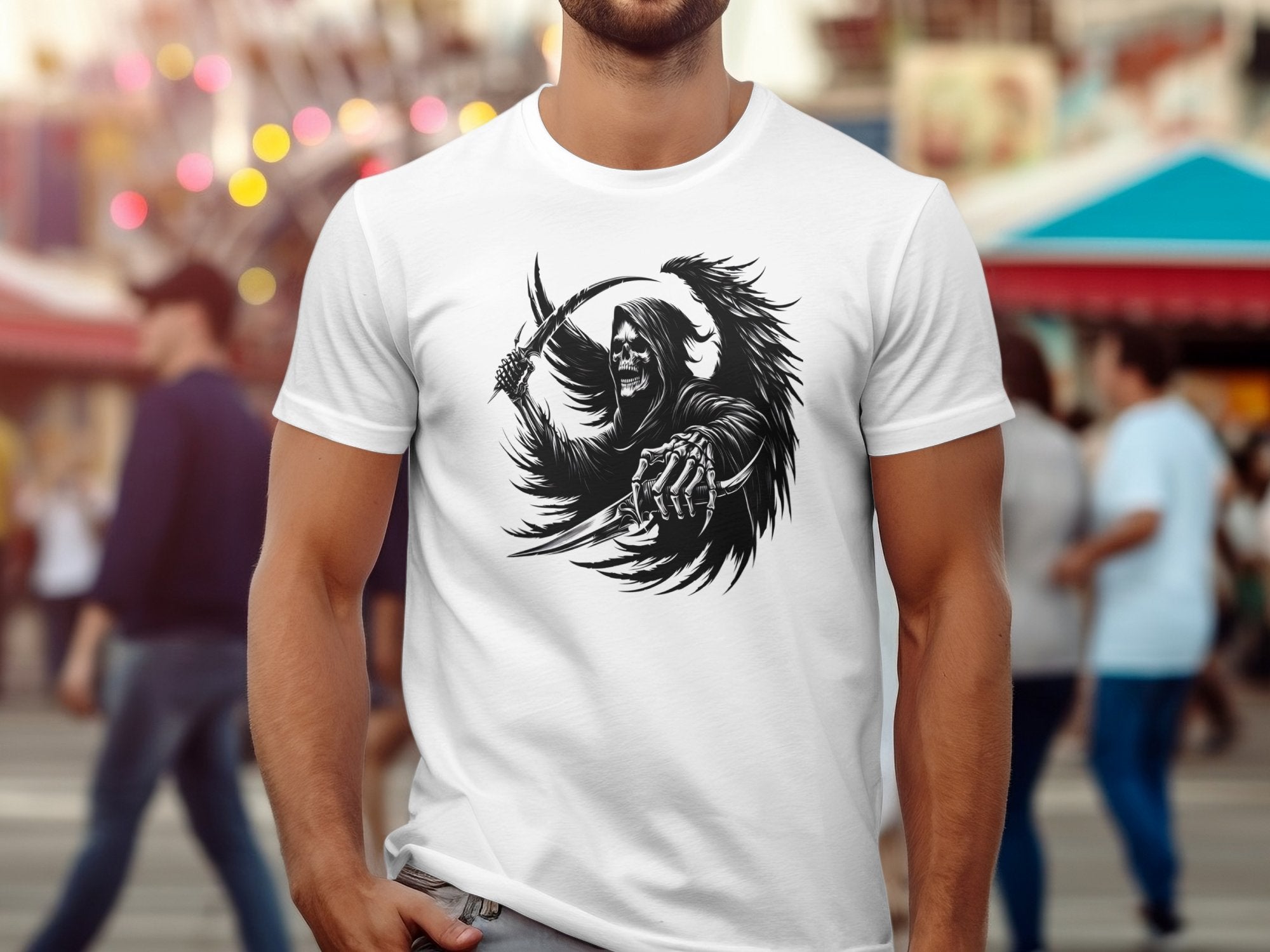 Grim Reaper - Black White Gildan T-Shirt Commemorative Talisman Unisex Tee Graphic Design