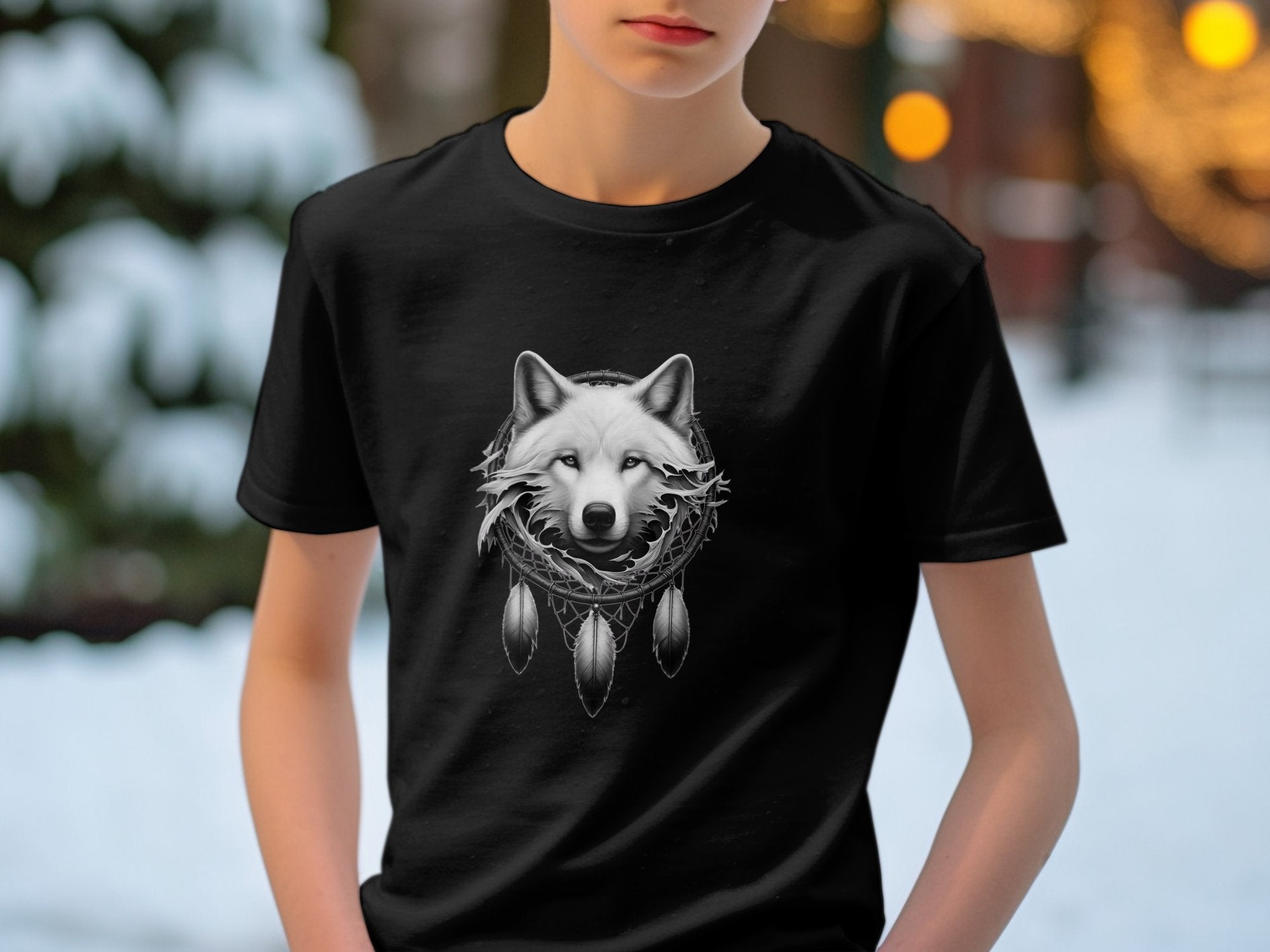 Dreamcatcher Wolf - Coloured Gildan Kids T-Shirt Realistic Native American Talisman Unisex Mythology Tee Graphic Design