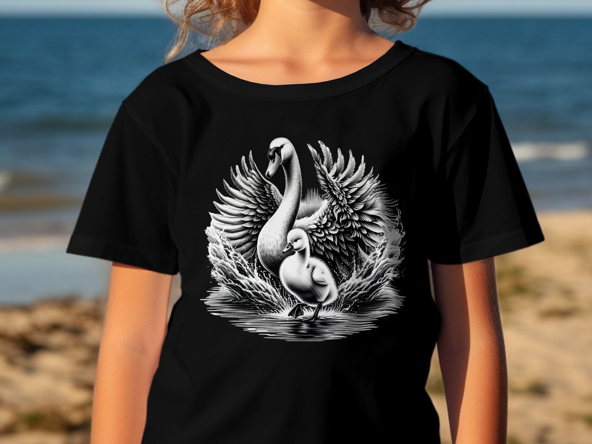 Swan & Cygnet- Black White Gildan Kids T-Shirt Realistic Family Talisman Unisex Tee Graphic Design