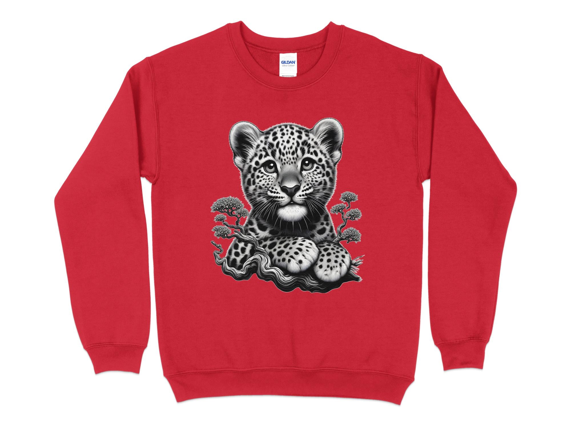 Leopard Bonsai - Coloured Gildan Sweatshirt Realistic Animal Talisman Unisex Cute Tee Graphic Design