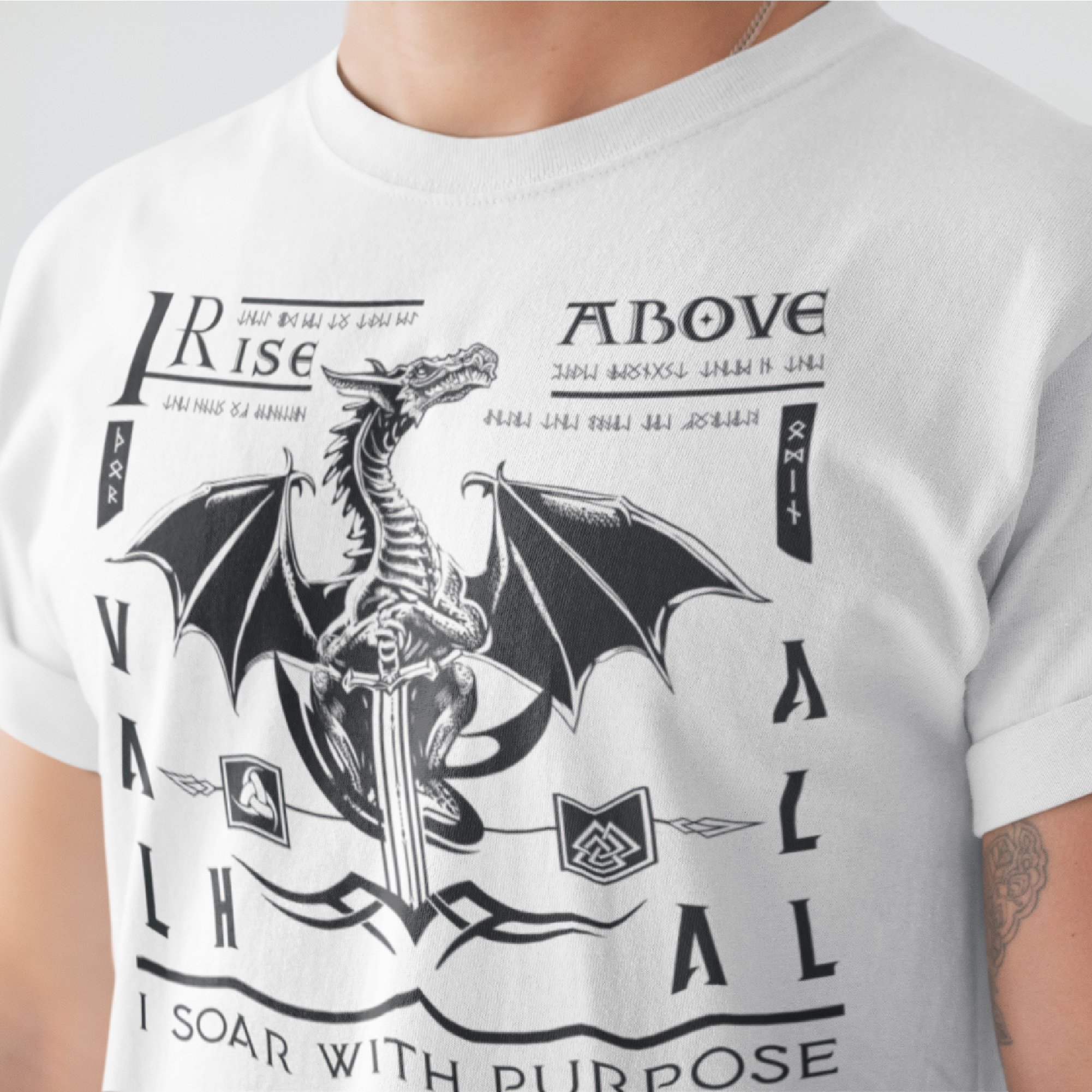 Black T Shirt White Viking Dragon Rising Talisman Men Women Unisex Valhalla Tee