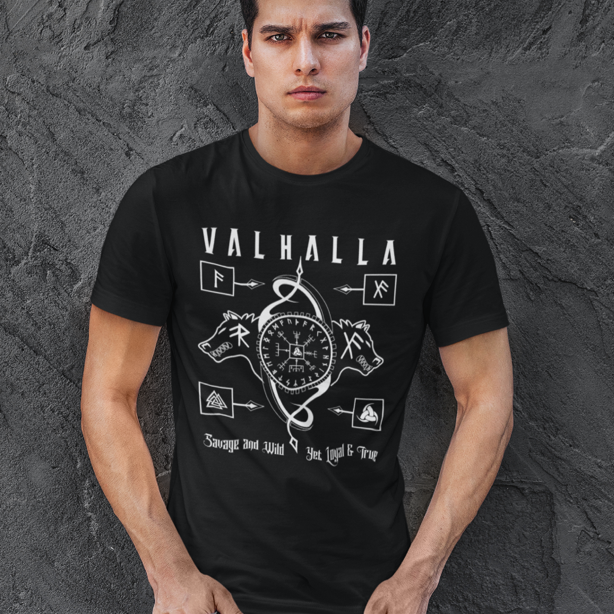 Black T Shirt White Runic Wolves Viking Talisman Men Women Unisex Valhalla Tee