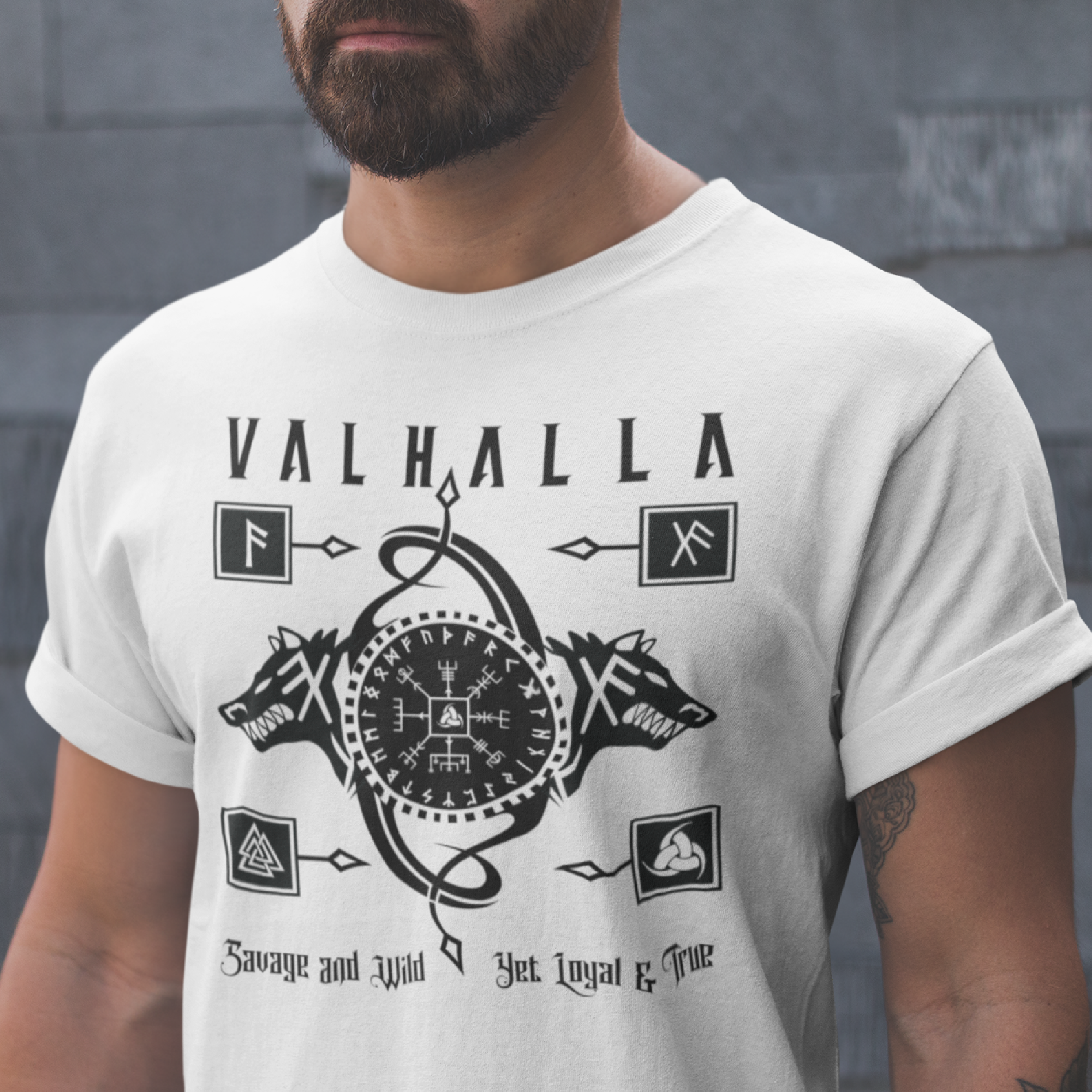 Black T Shirt White Runic Wolves Viking Talisman Men Women Unisex Valhalla Tee