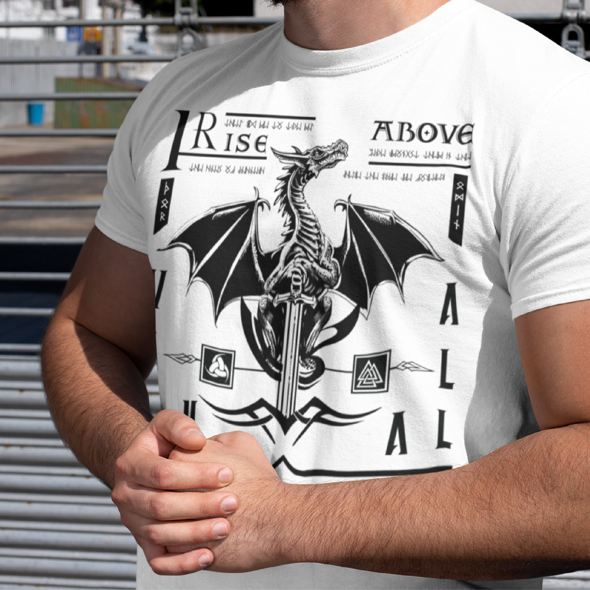 Black T Shirt White Viking Dragon Rising Talisman Men Women Unisex Valhalla Tee