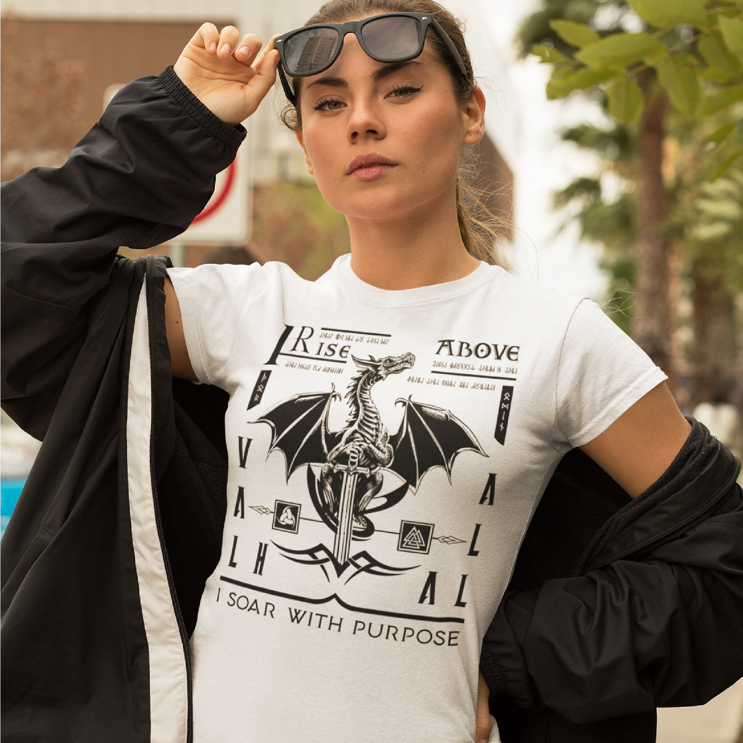 Black T Shirt White Viking Dragon Rising Talisman Men Women Unisex Valhalla Tee