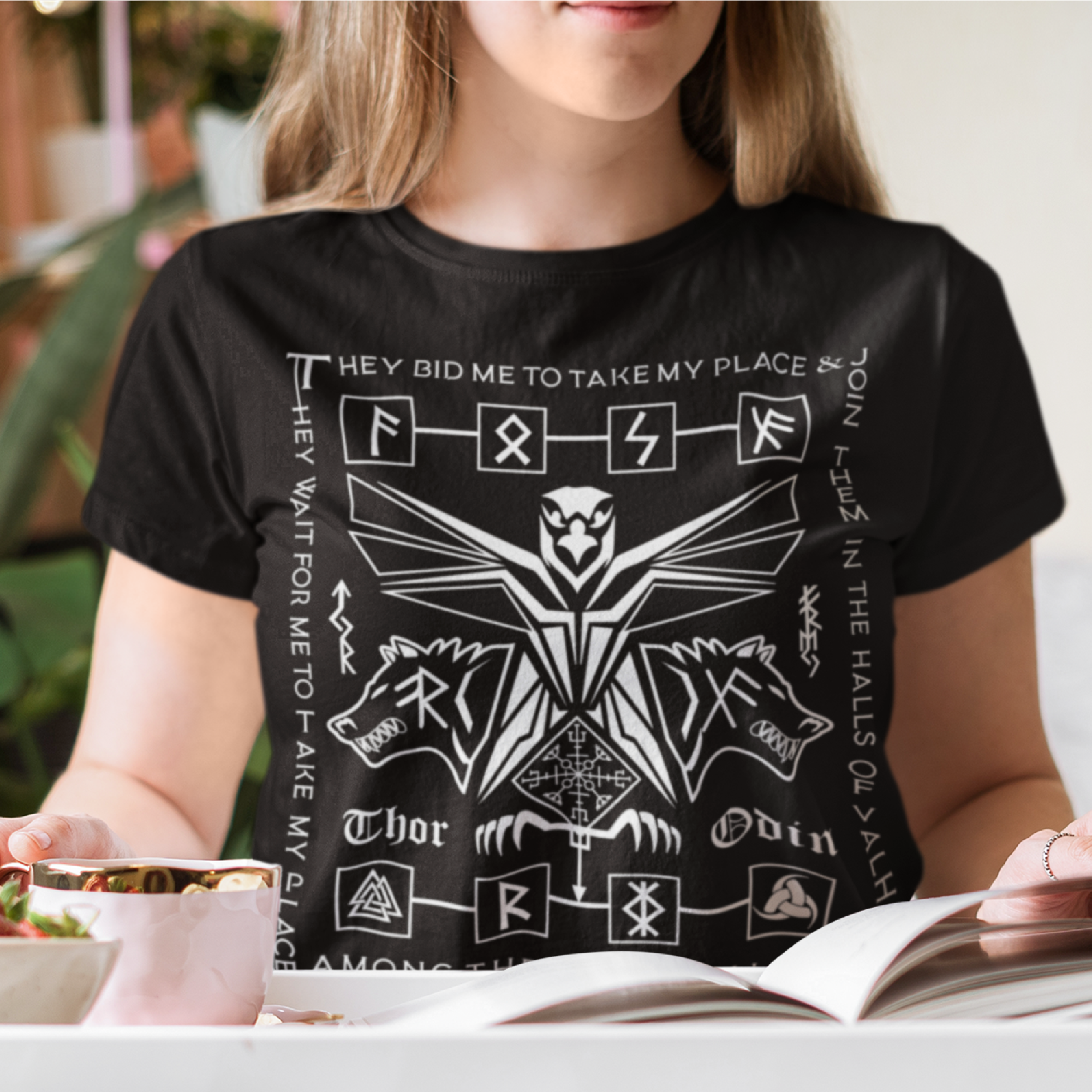 Black T Shirt White Viking Wolves Raven Talisman Men Women Unisex Valhalla Tee