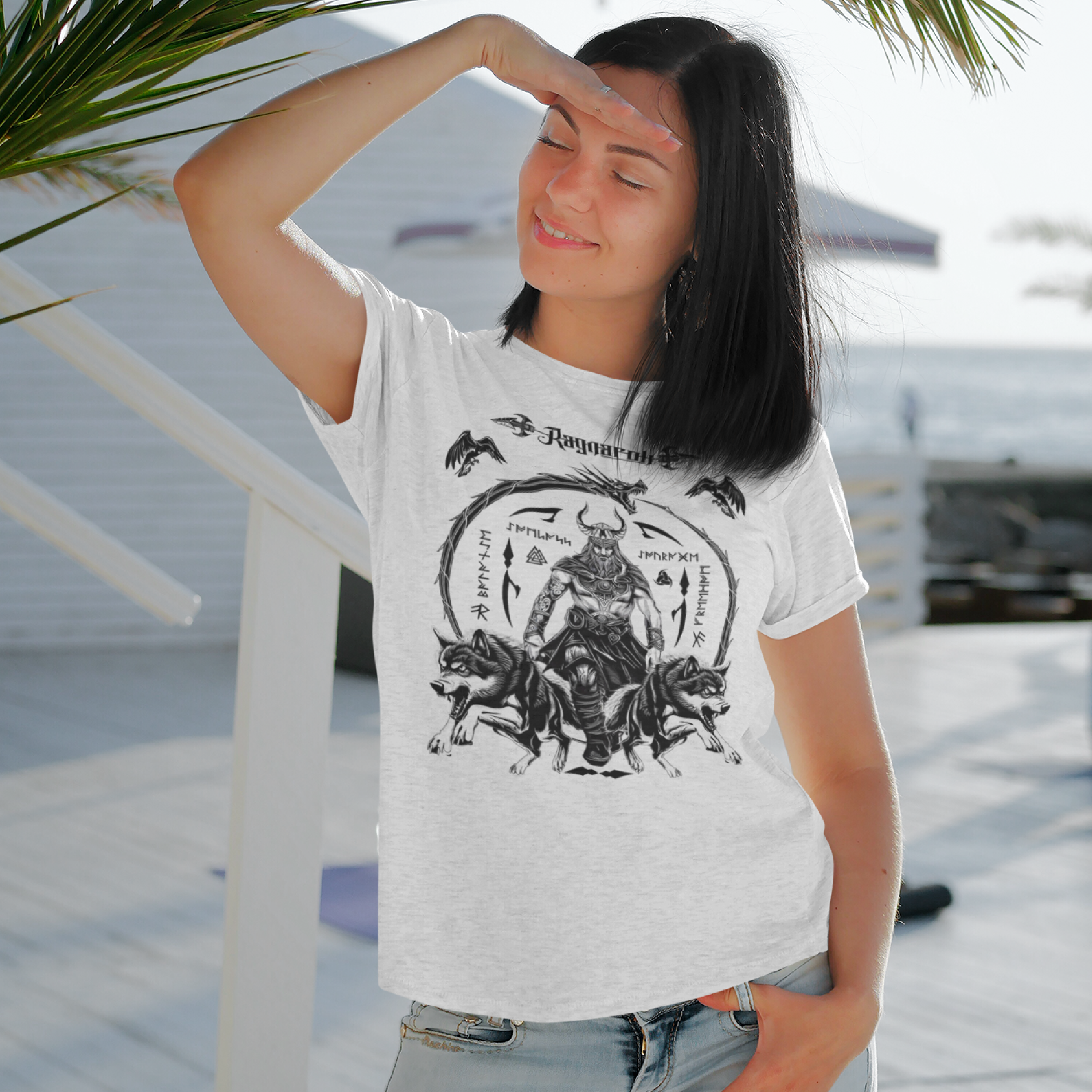 Black T Shirt White Viking Wolves Talisman Men Women Unisex Valhalla Tee