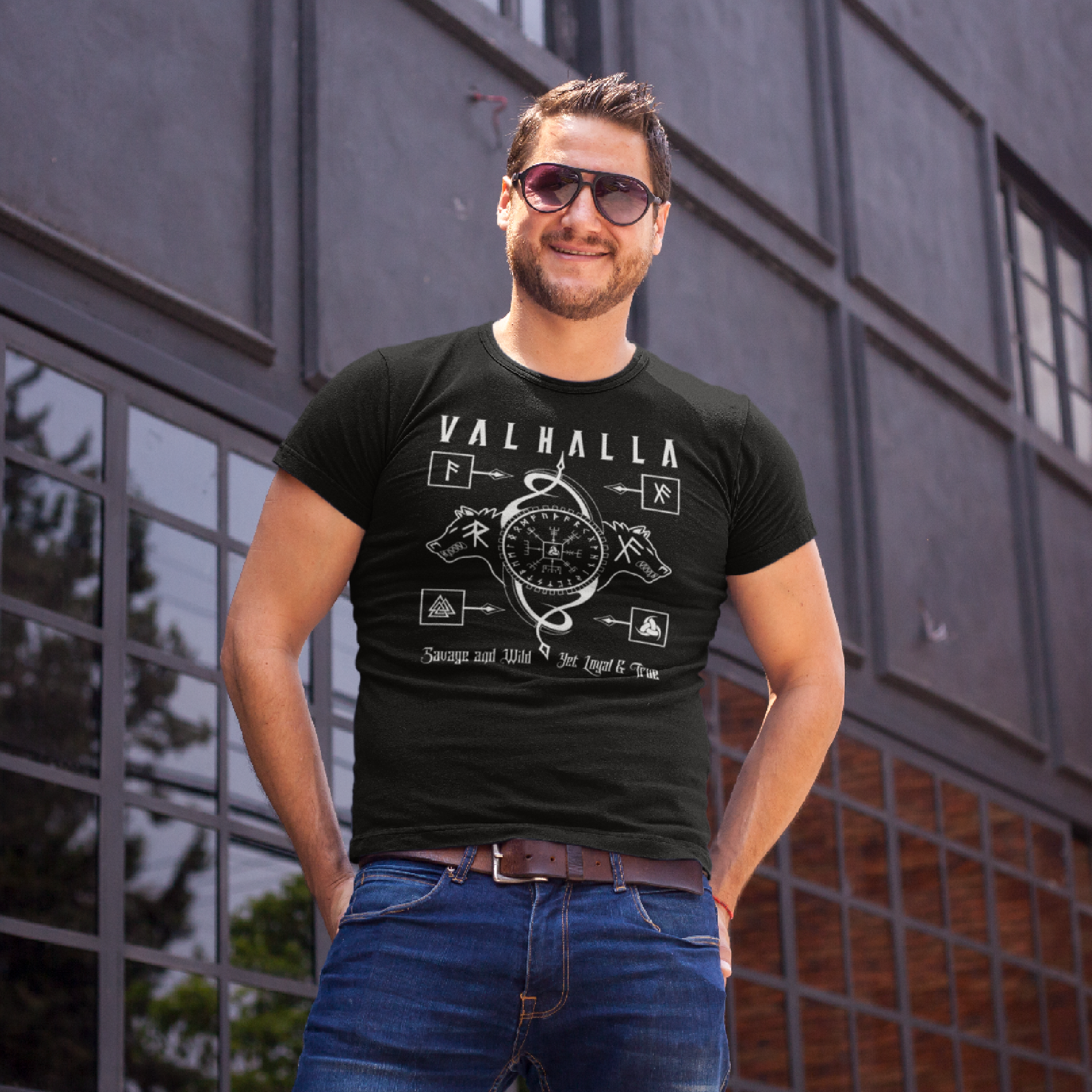 Black T Shirt White Runic Wolves Viking Talisman Men Women Unisex Valhalla Tee