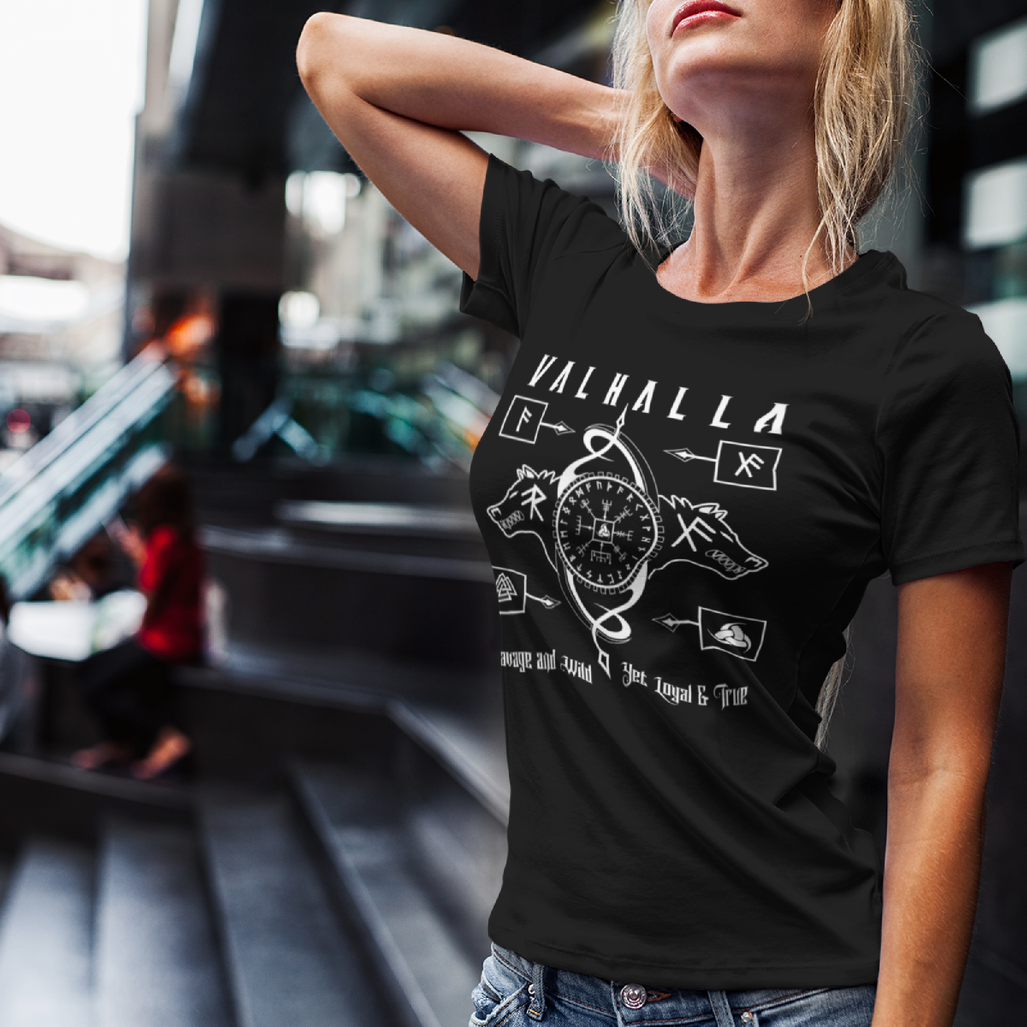 Black T Shirt White Runic Wolves Viking Talisman Men Women Unisex Valhalla Tee