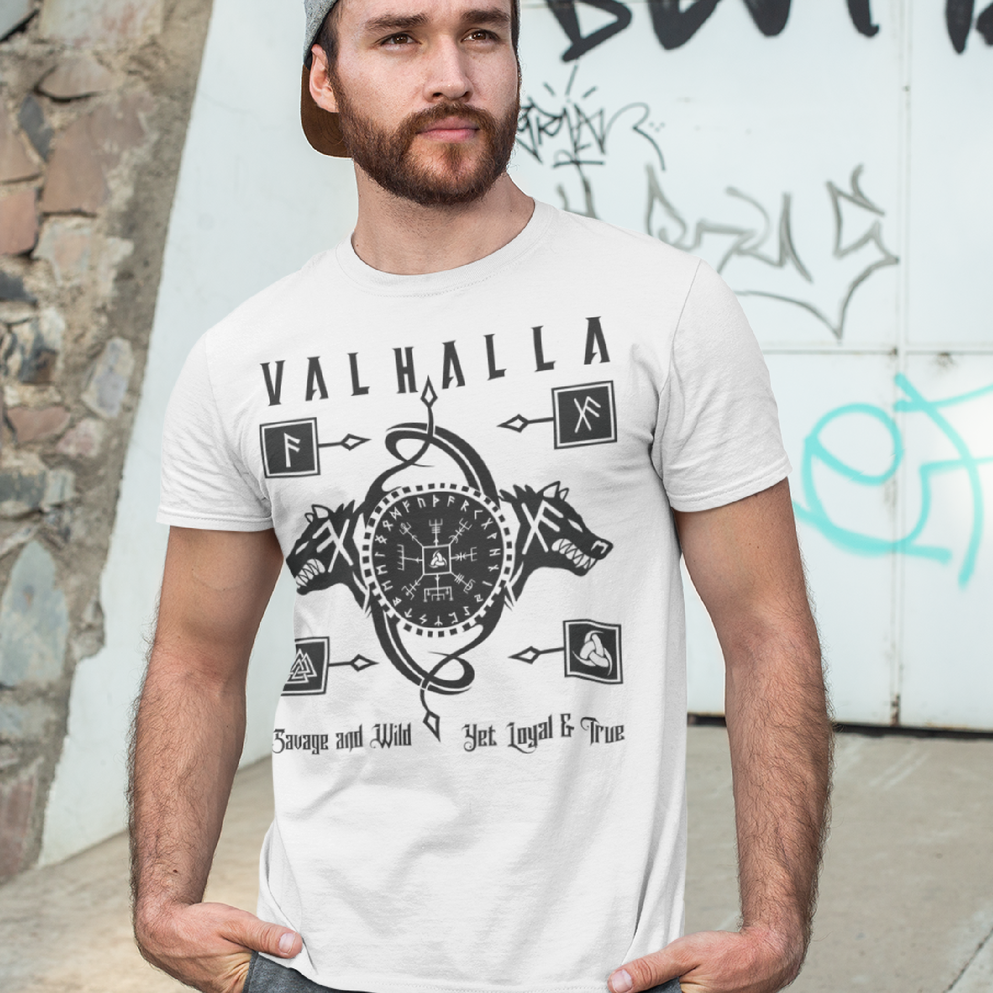 Black T Shirt White Runic Wolves Viking Talisman Men Women Unisex Valhalla Tee