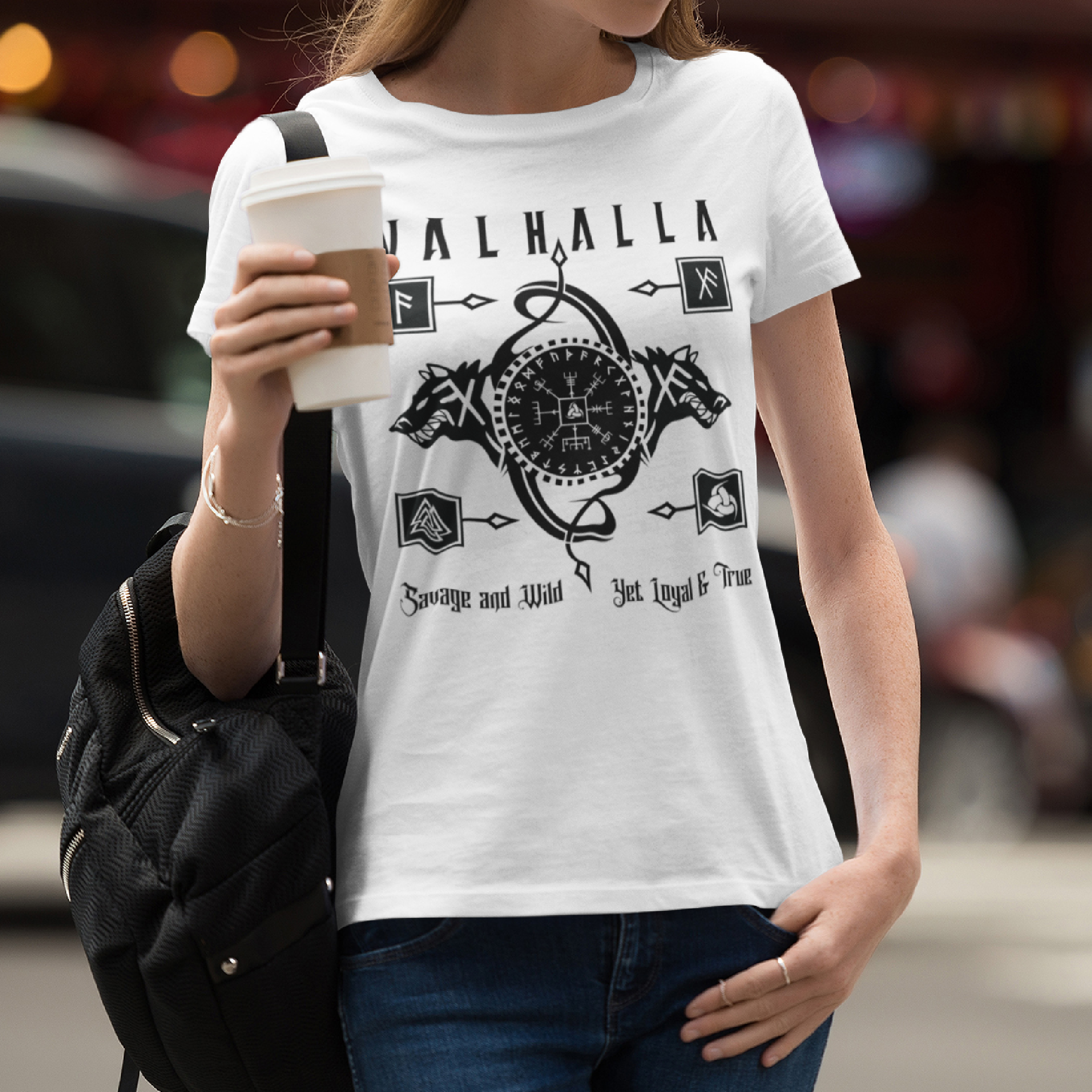 Black T Shirt White Runic Wolves Viking Talisman Men Women Unisex Valhalla Tee