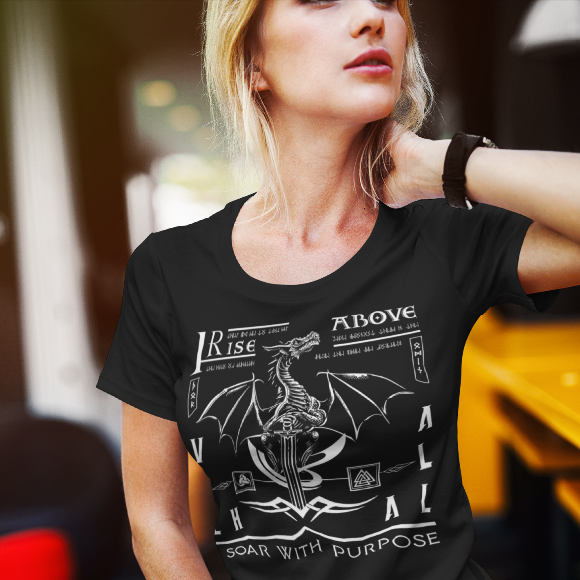 Black T Shirt White Viking Dragon Rising Talisman Men Women Unisex Valhalla Tee