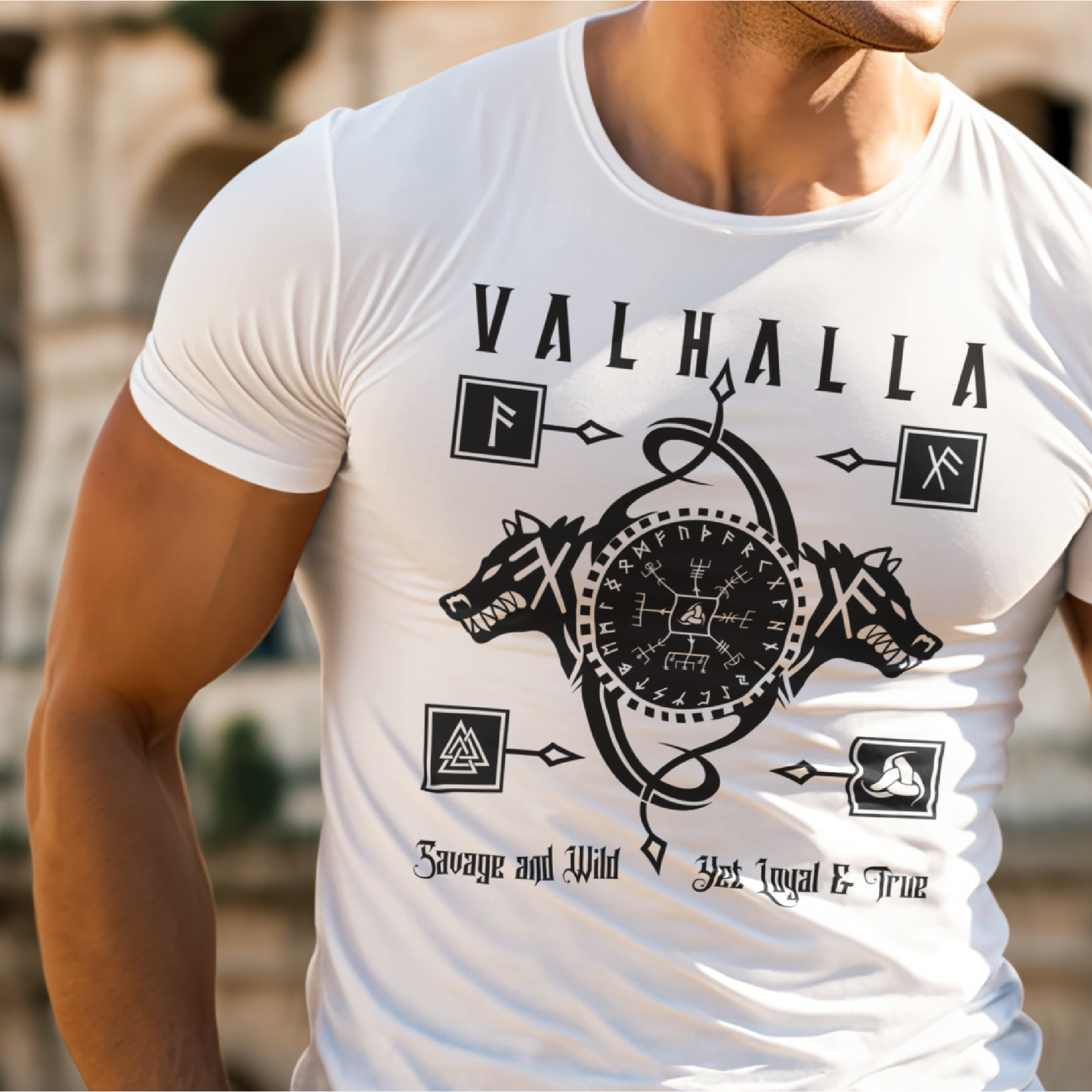 Black T Shirt White Runic Wolves Viking Talisman Men Women Unisex Valhalla Tee