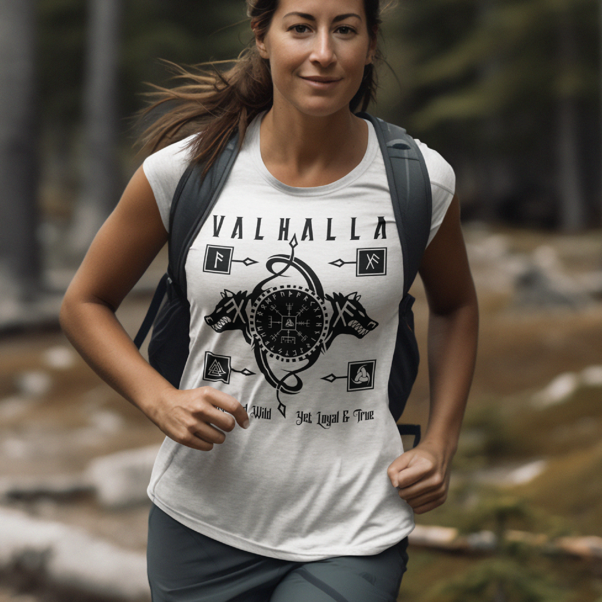 Black T Shirt White Runic Wolves Viking Talisman Men Women Unisex Valhalla Tee