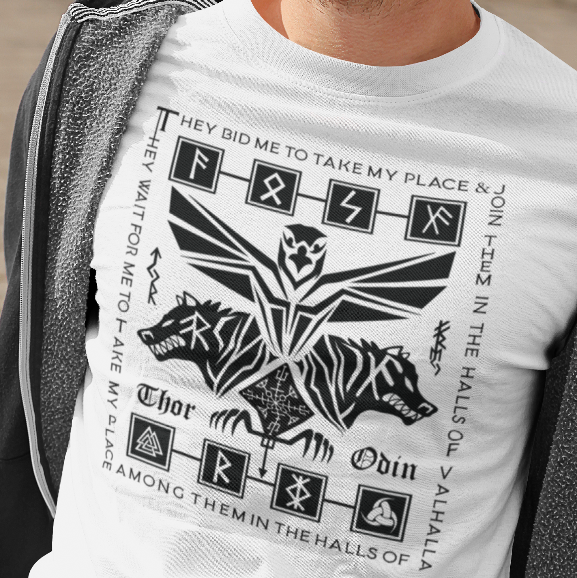 Black T Shirt White Viking Wolves Raven Talisman Men Women Unisex Valhalla Tee