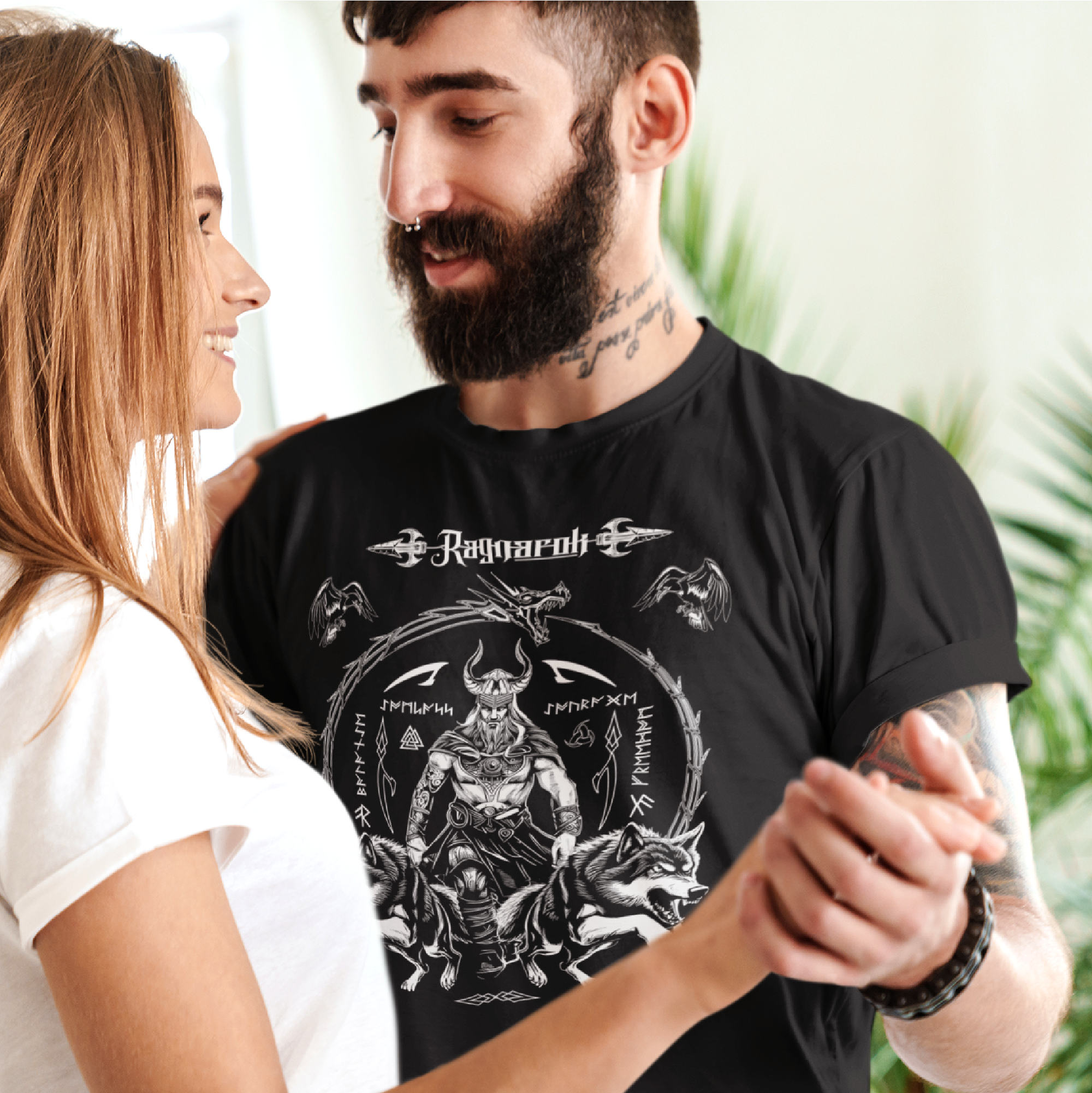 Black T Shirt White Viking Wolves Talisman Men Women Unisex Valhalla Tee