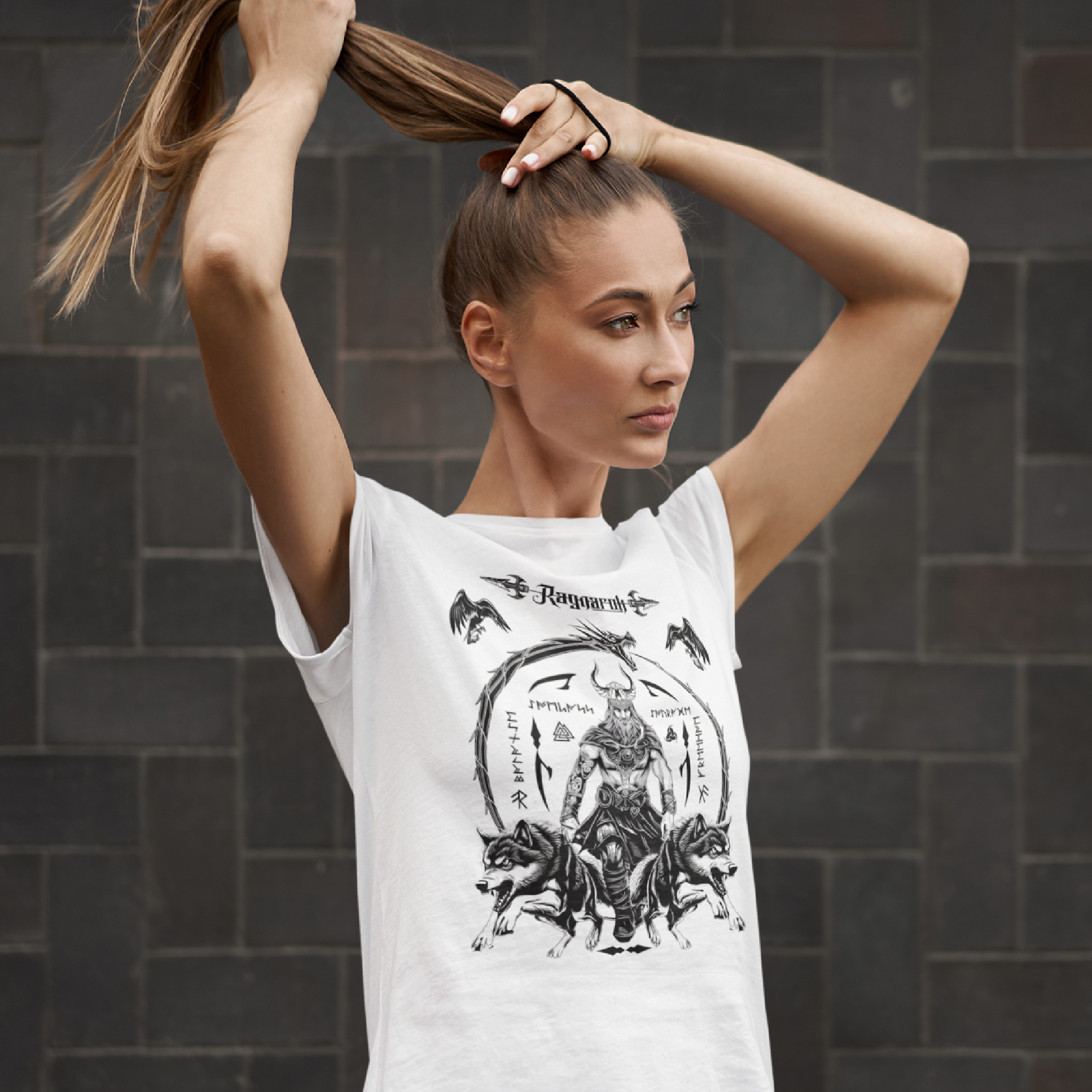 Black T Shirt White Viking Wolves Talisman Men Women Unisex Valhalla Tee