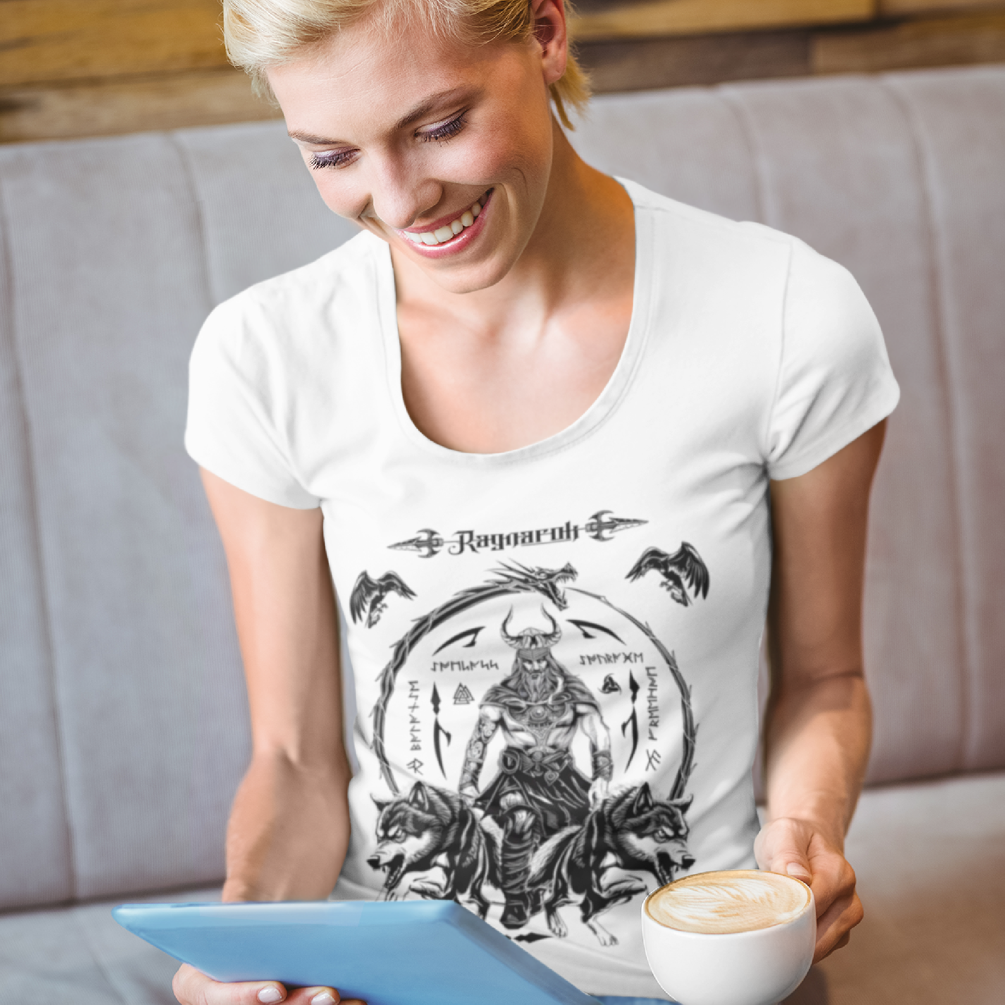 Black T Shirt White Viking Wolves Talisman Men Women Unisex Valhalla Tee