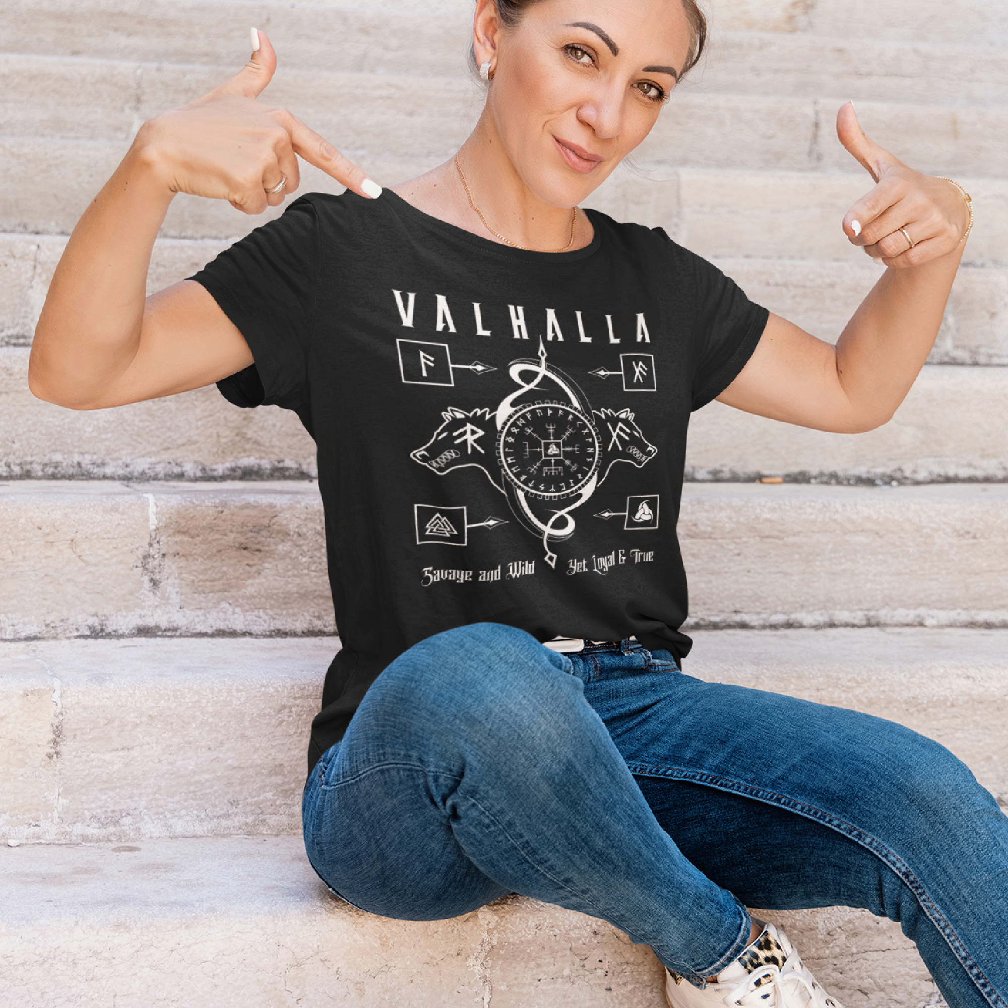 Black T Shirt White Runic Wolves Viking Talisman Men Women Unisex Valhalla Tee