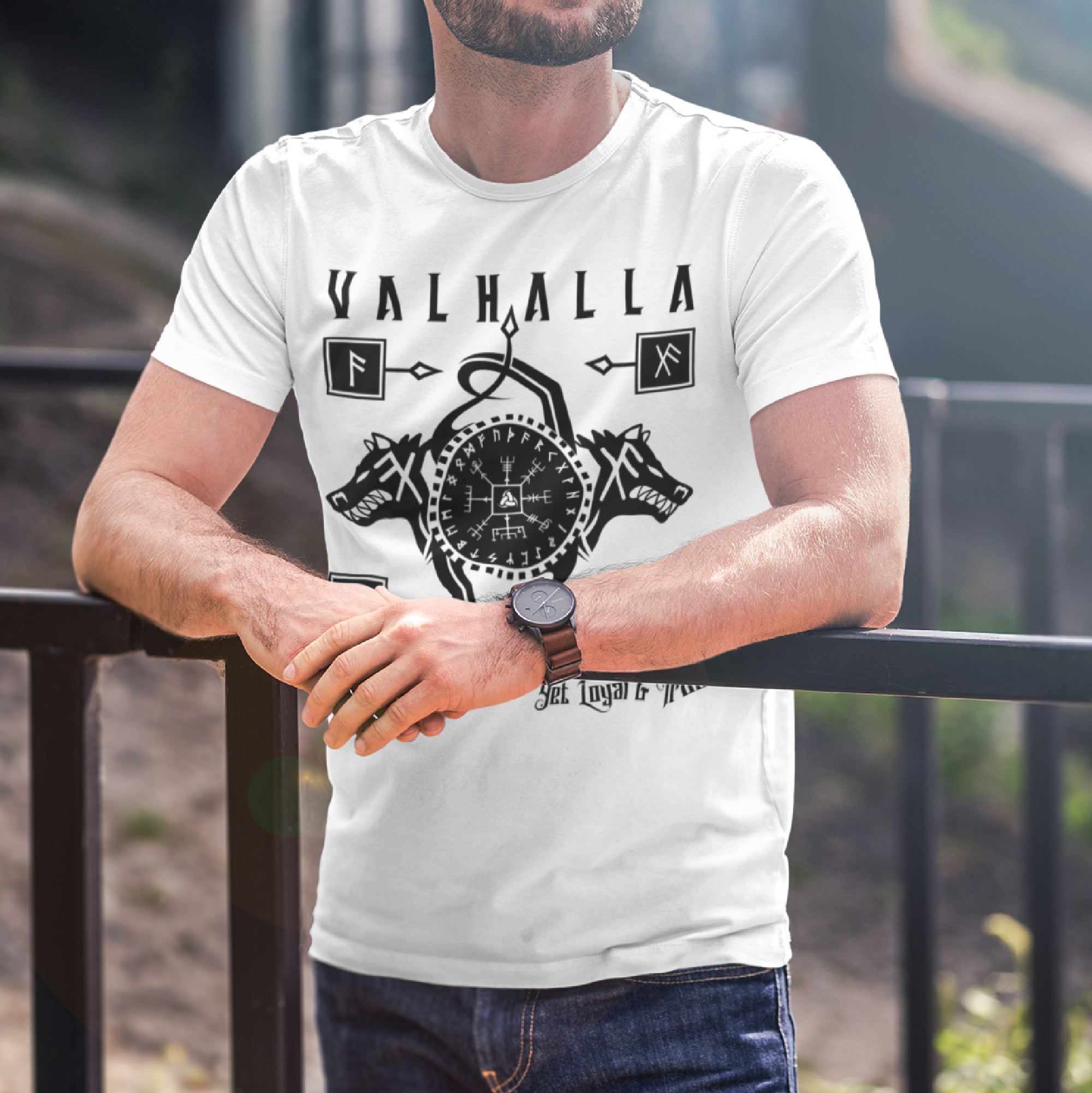 Black T Shirt White Runic Wolves Viking Talisman Men Women Unisex Valhalla Tee