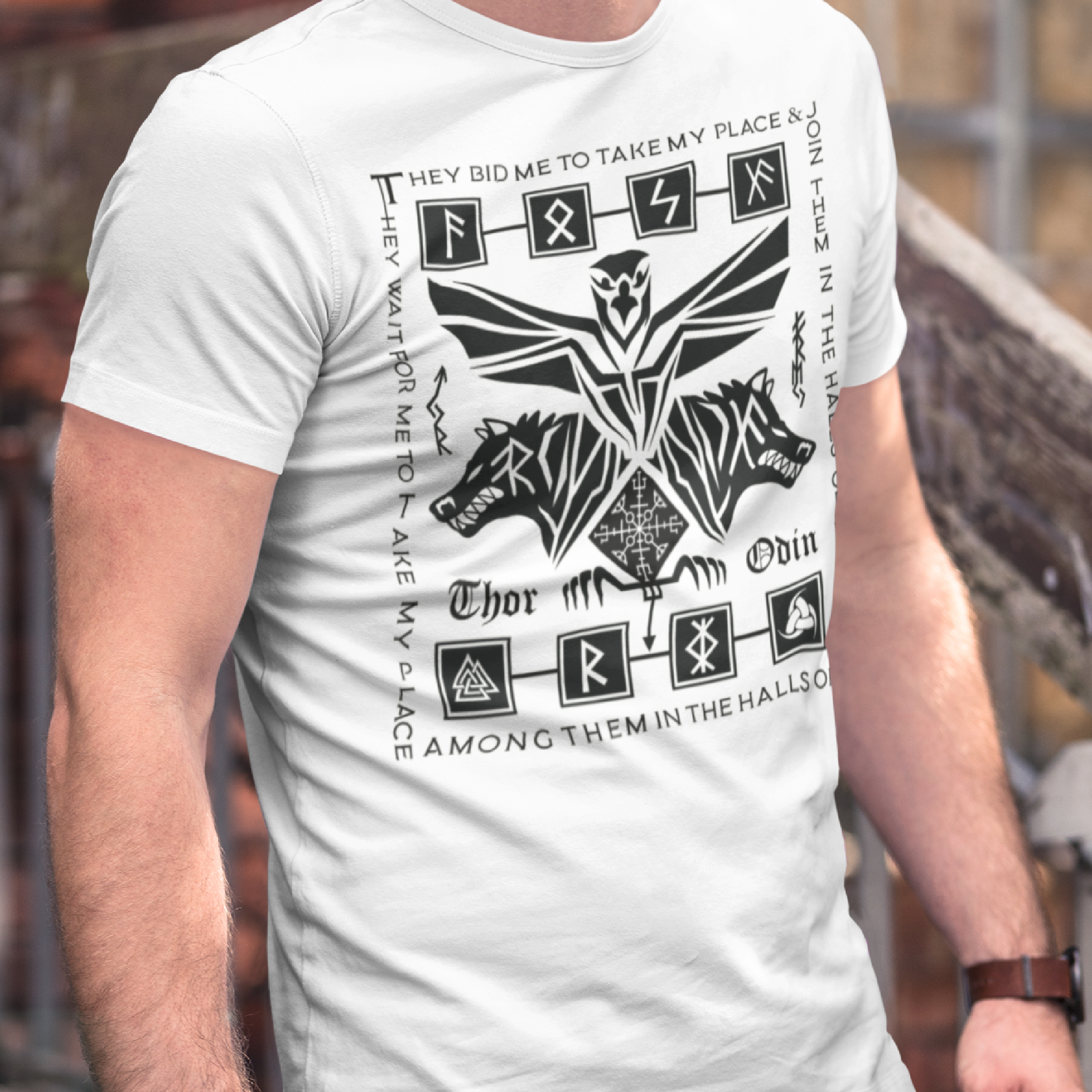 Black T Shirt White Viking Wolves Raven Talisman Men Women Unisex Valhalla Tee