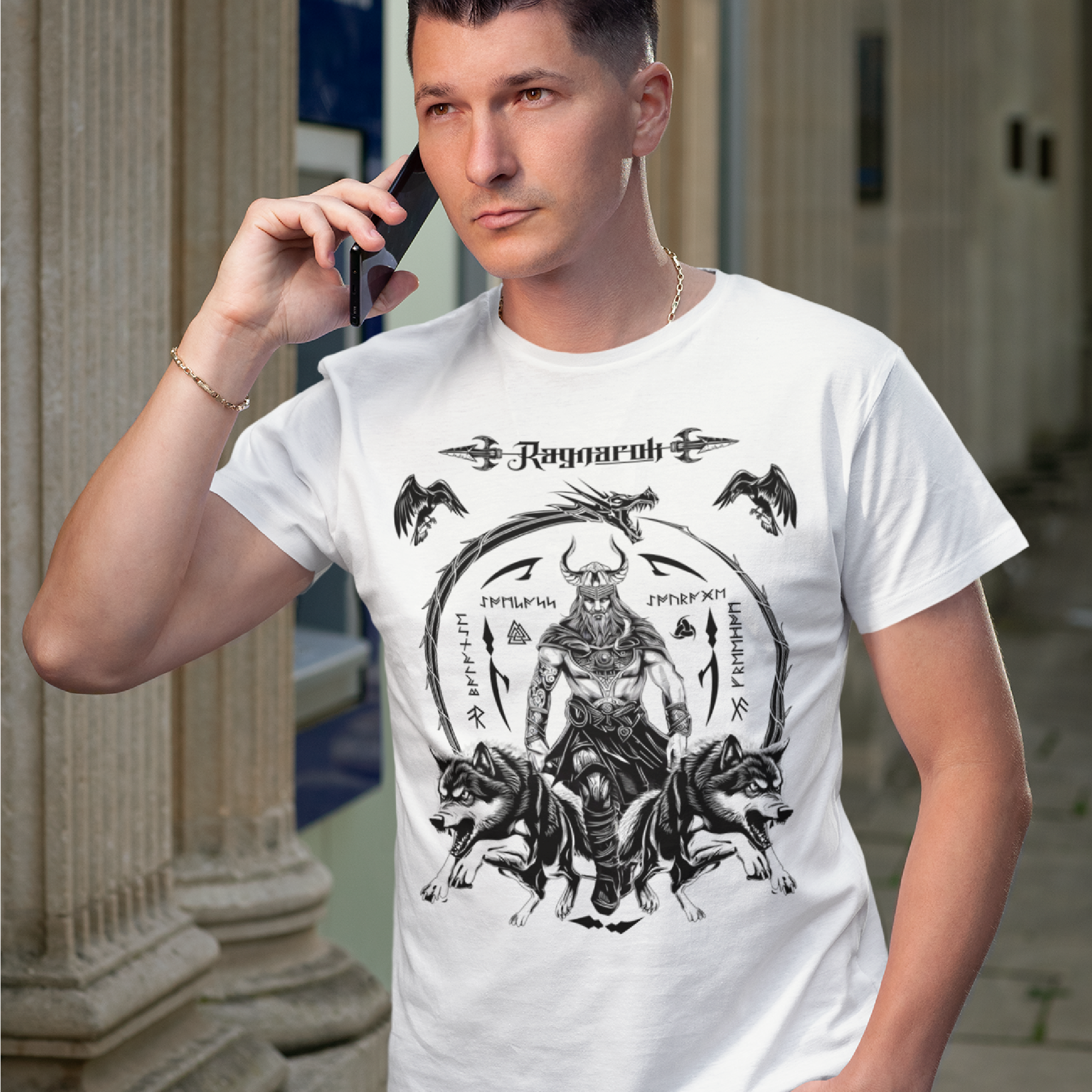 Black T Shirt White Viking Wolves Talisman Men Women Unisex Valhalla Tee