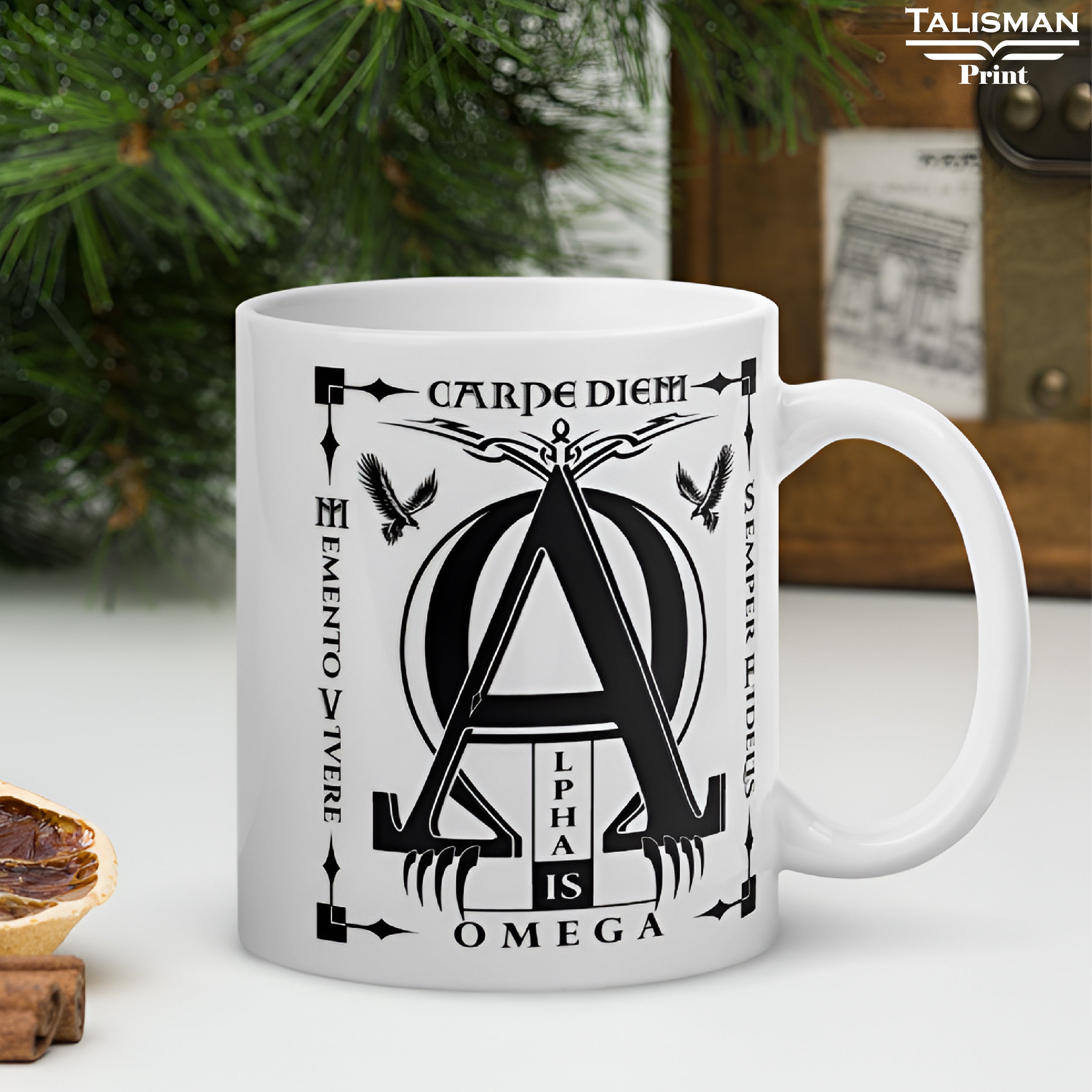 White Glossy 'Alpha is Omega’ Latin Talisman Graphic Valhalla Mug