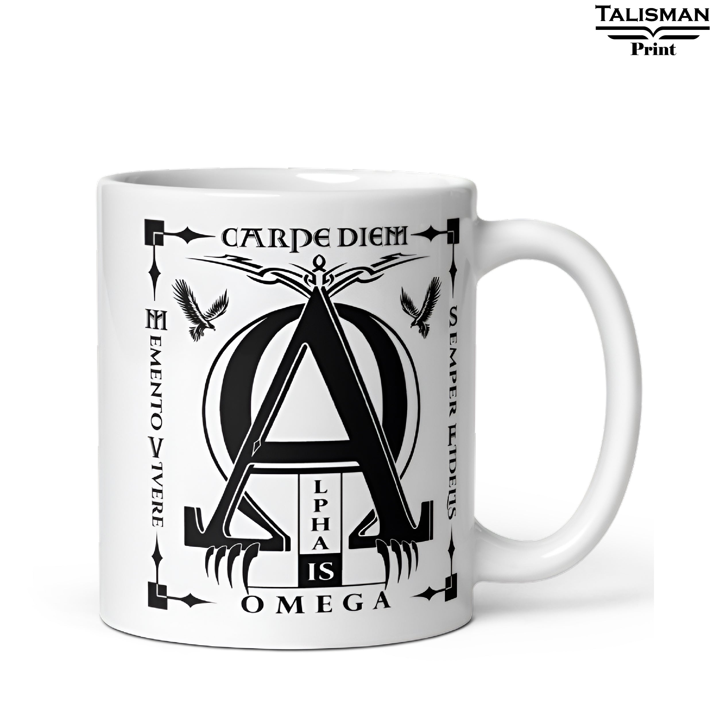 White Glossy 'Alpha is Omega’ Latin Talisman Graphic Valhalla Mug