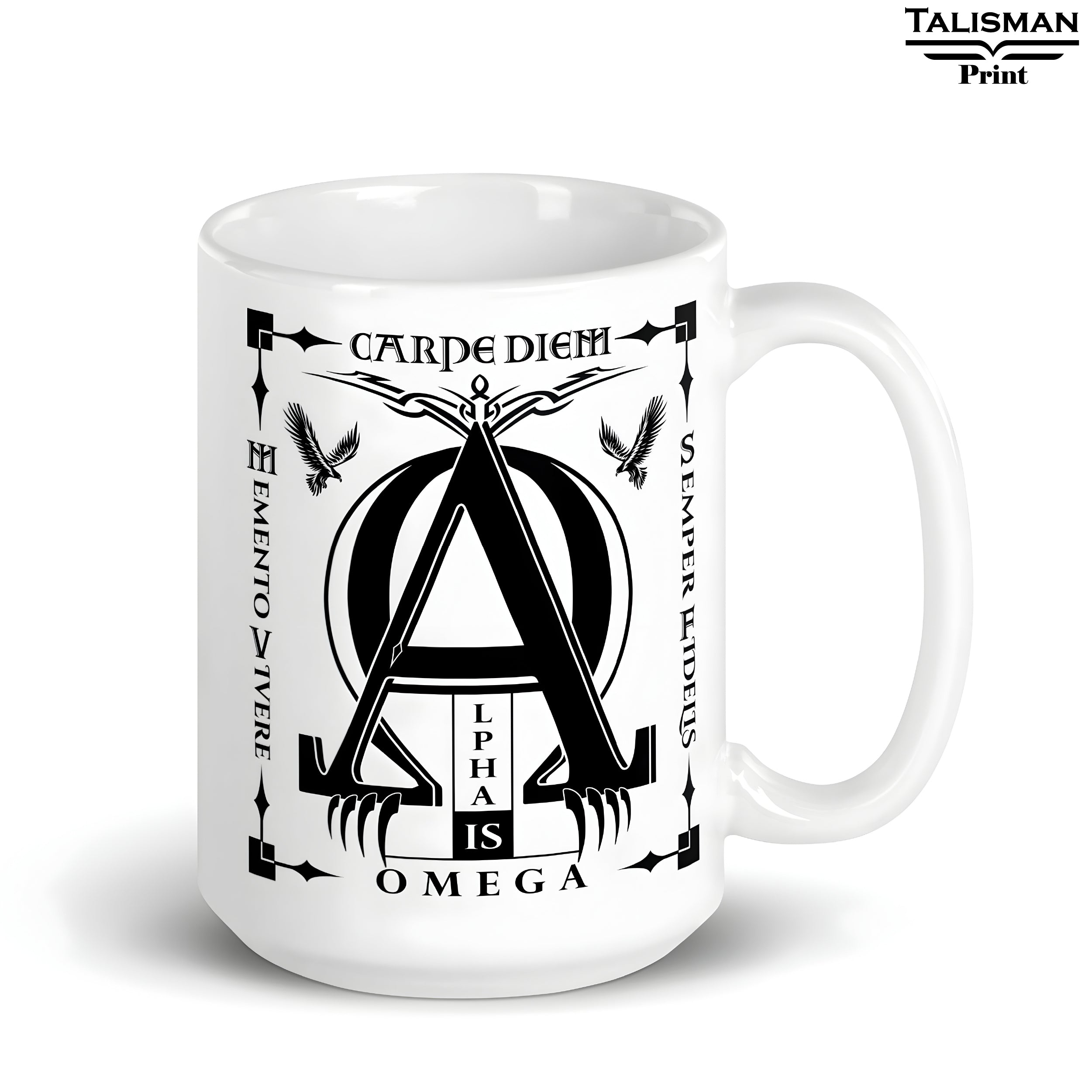 White Glossy 'Alpha is Omega’ Latin Talisman Graphic Valhalla Mug