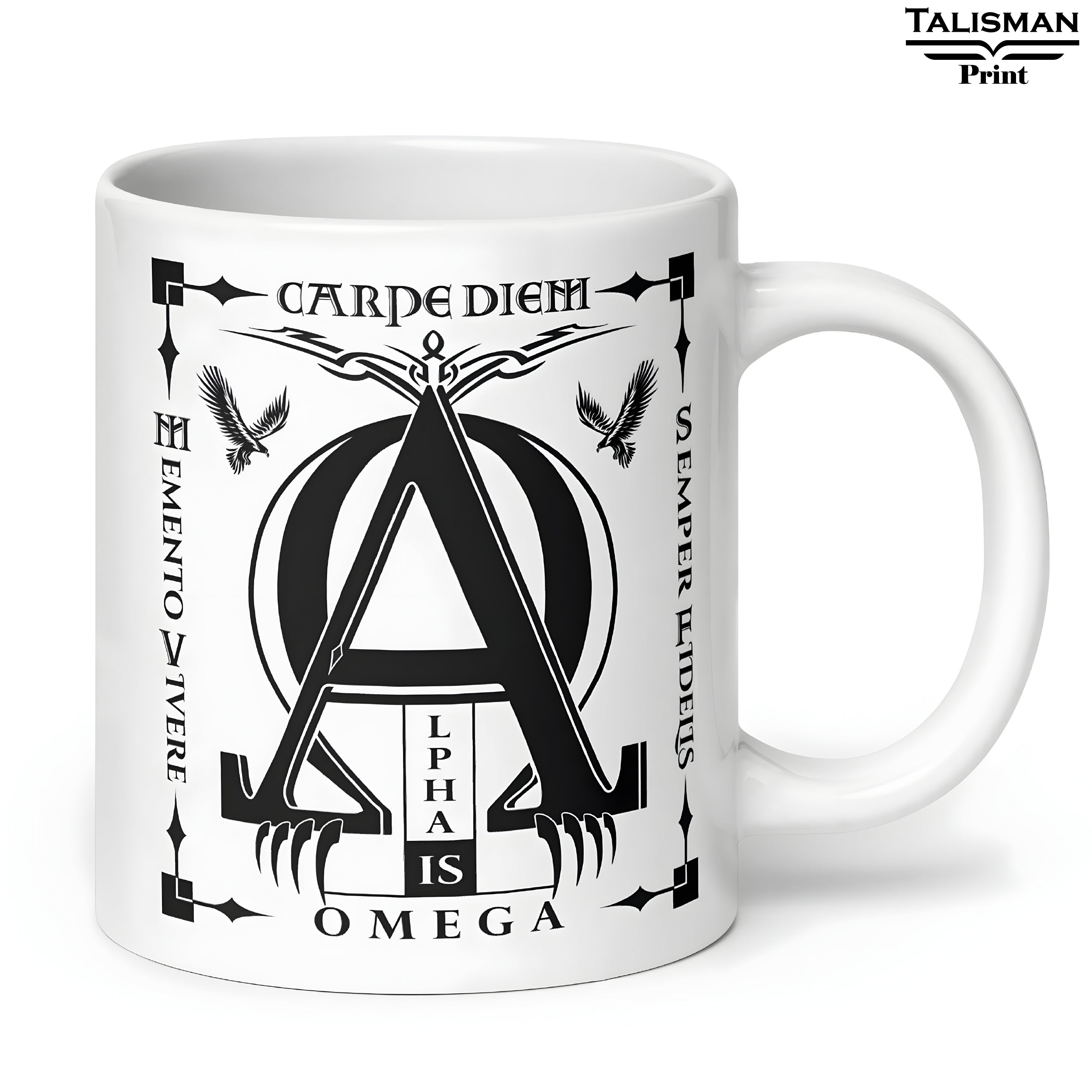 White Glossy 'Alpha is Omega’ Latin Talisman Graphic Valhalla Mug