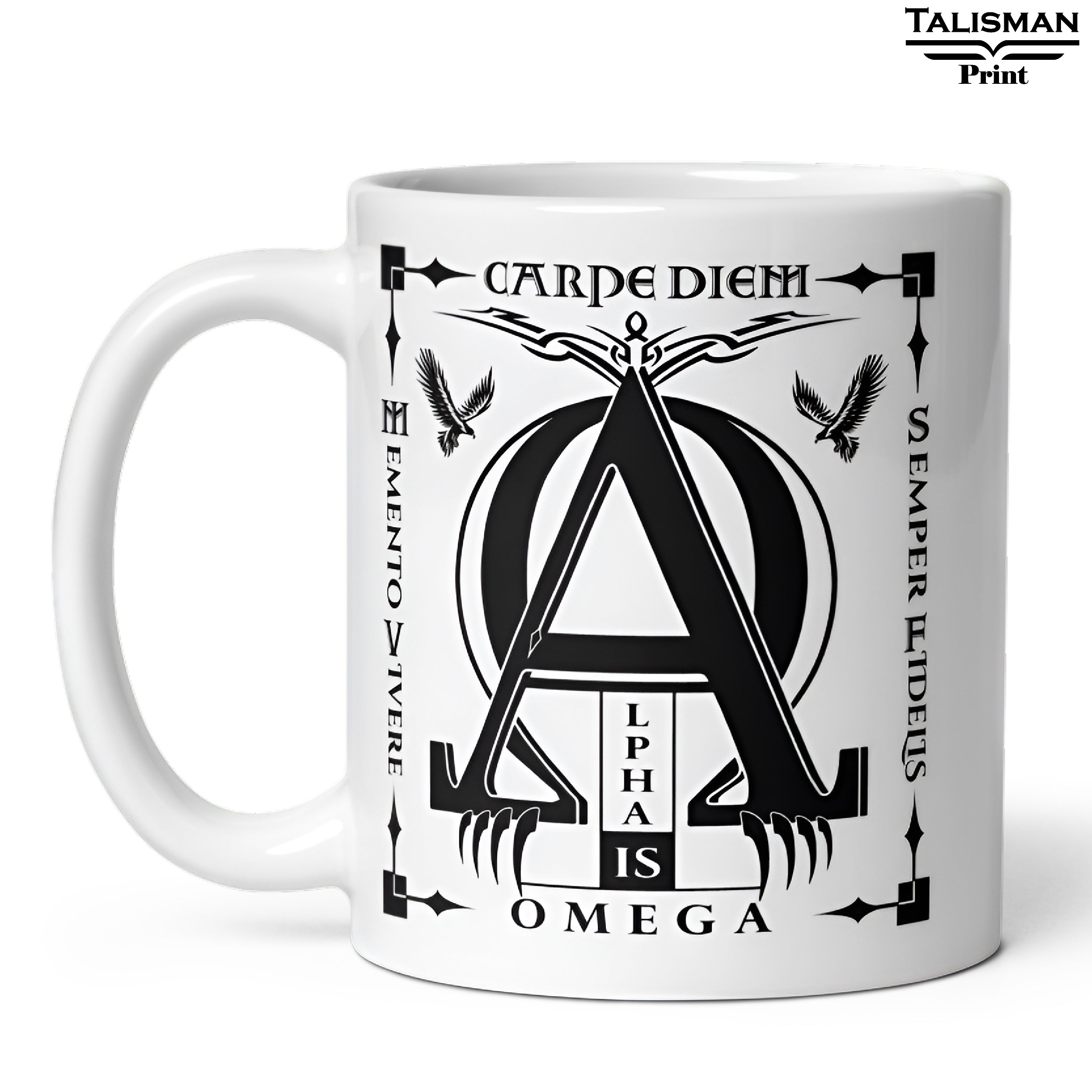 White Glossy 'Alpha is Omega’ Latin Talisman Graphic Valhalla Mug