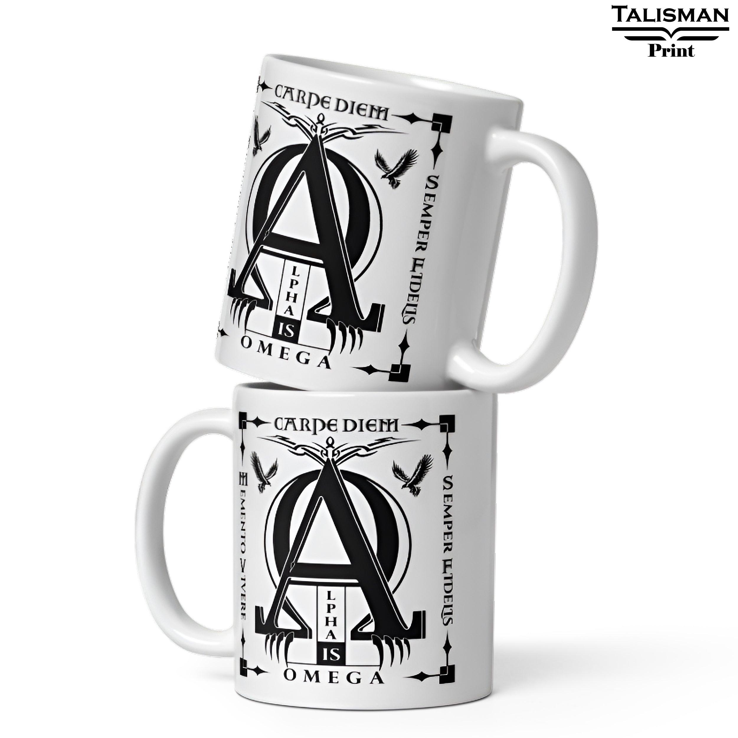 White Glossy 'Alpha is Omega’ Latin Talisman Graphic Valhalla Mug