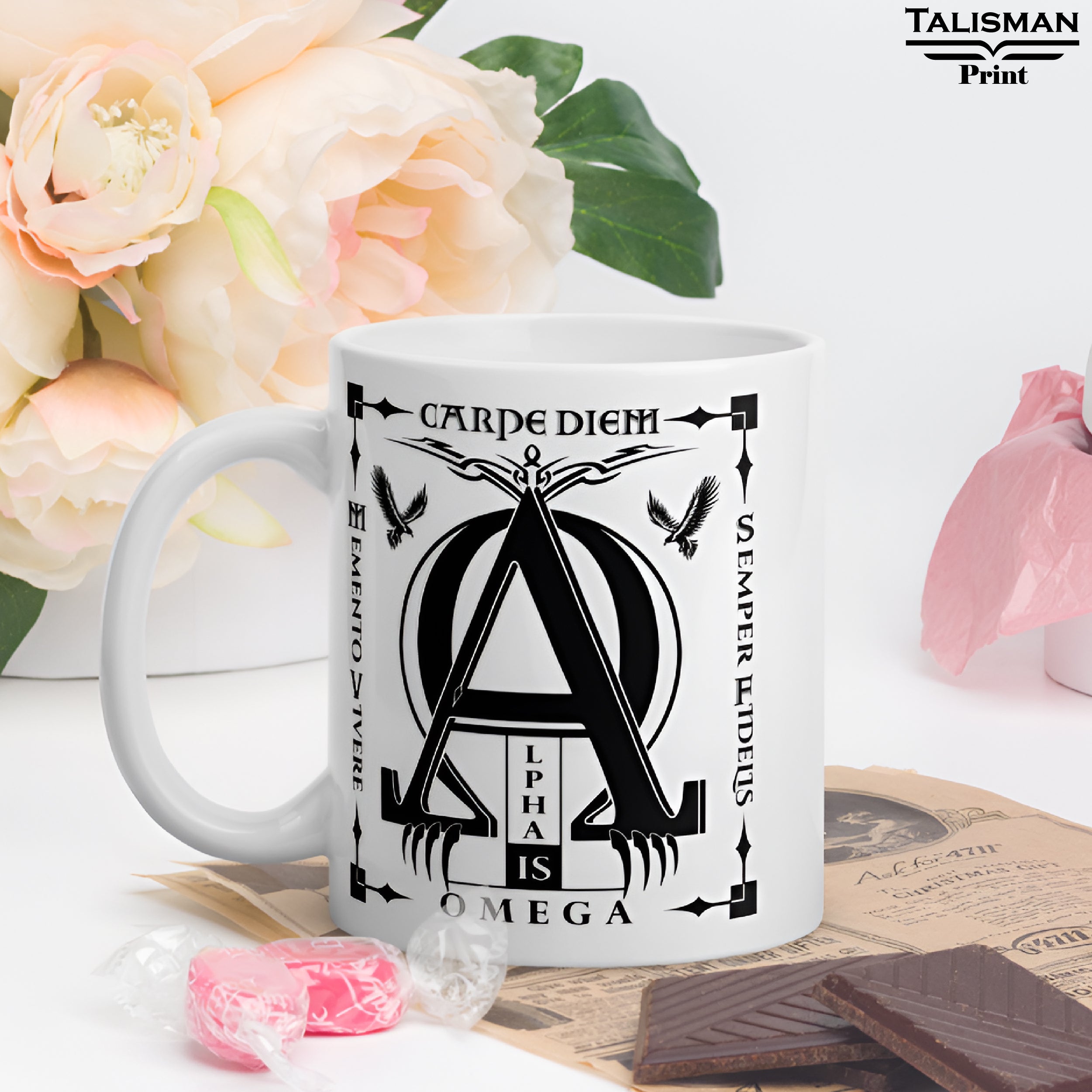 White Glossy 'Alpha is Omega’ Latin Talisman Graphic Valhalla Mug