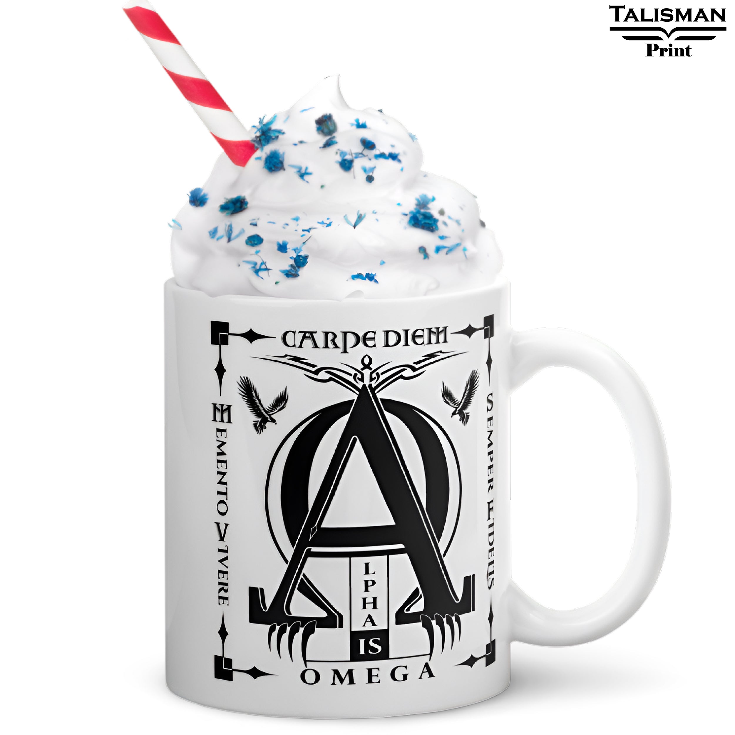 White Glossy 'Alpha is Omega’ Latin Talisman Graphic Valhalla Mug