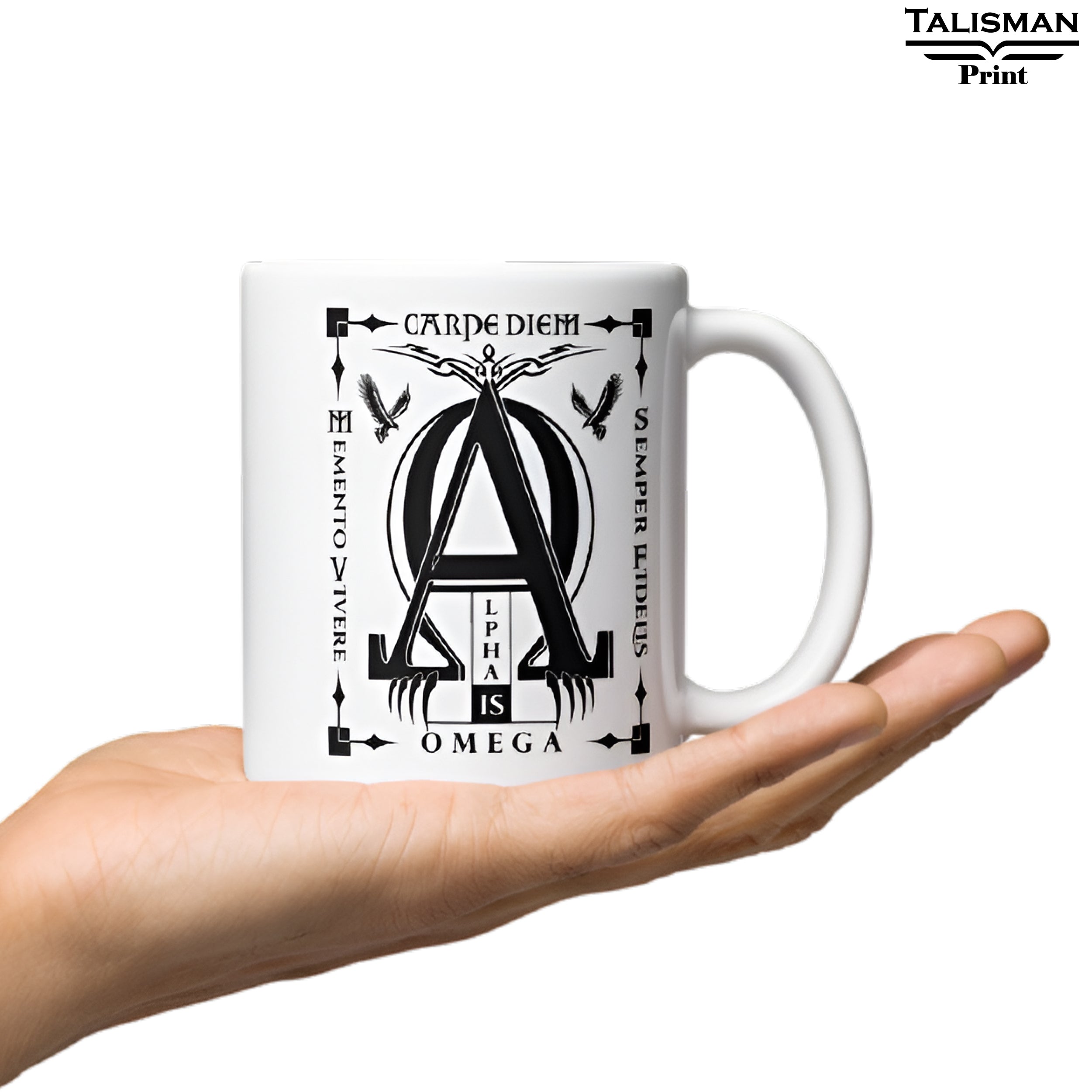 White Glossy 'Alpha is Omega’ Latin Talisman Graphic Valhalla Mug