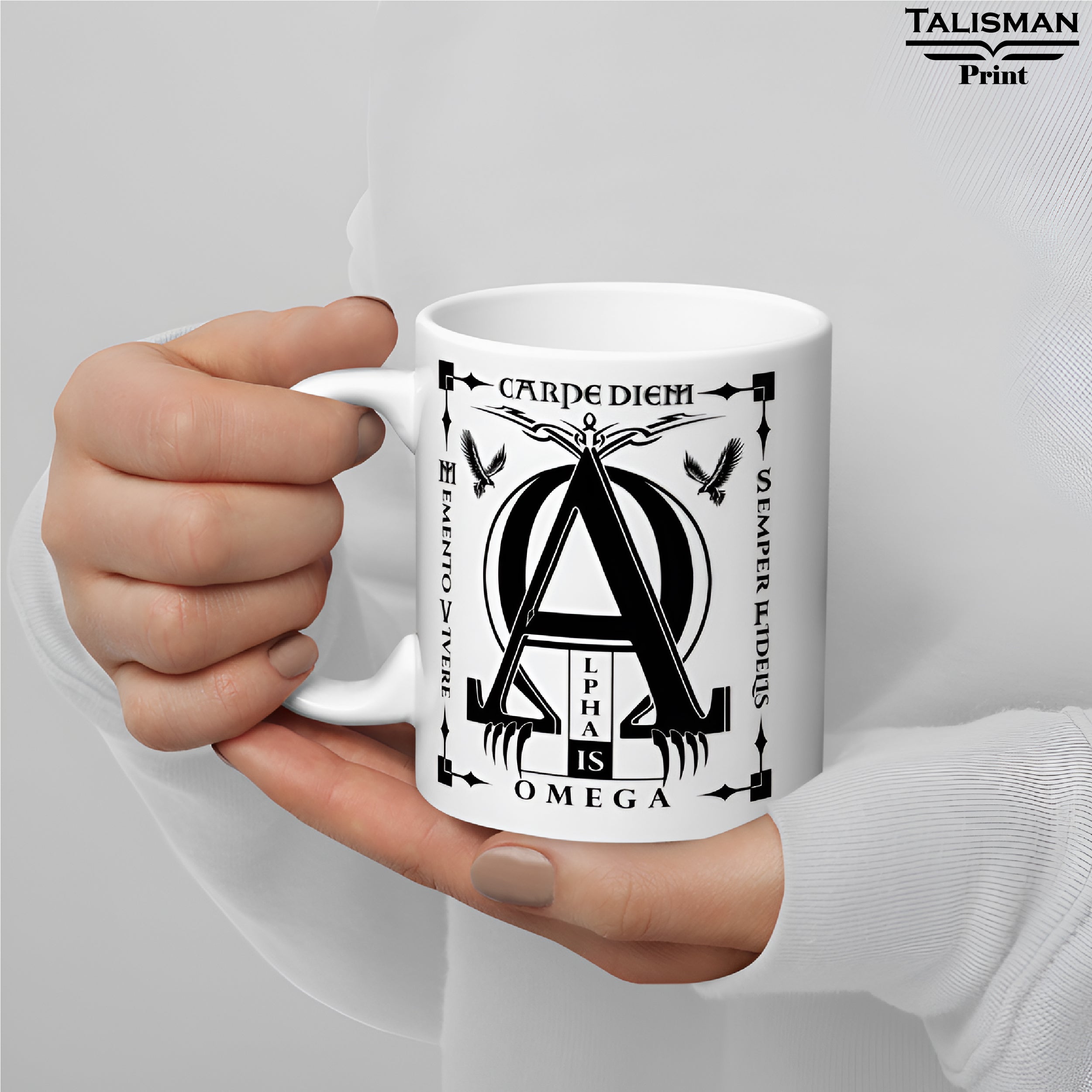 White Glossy 'Alpha is Omega’ Latin Talisman Graphic Valhalla Mug