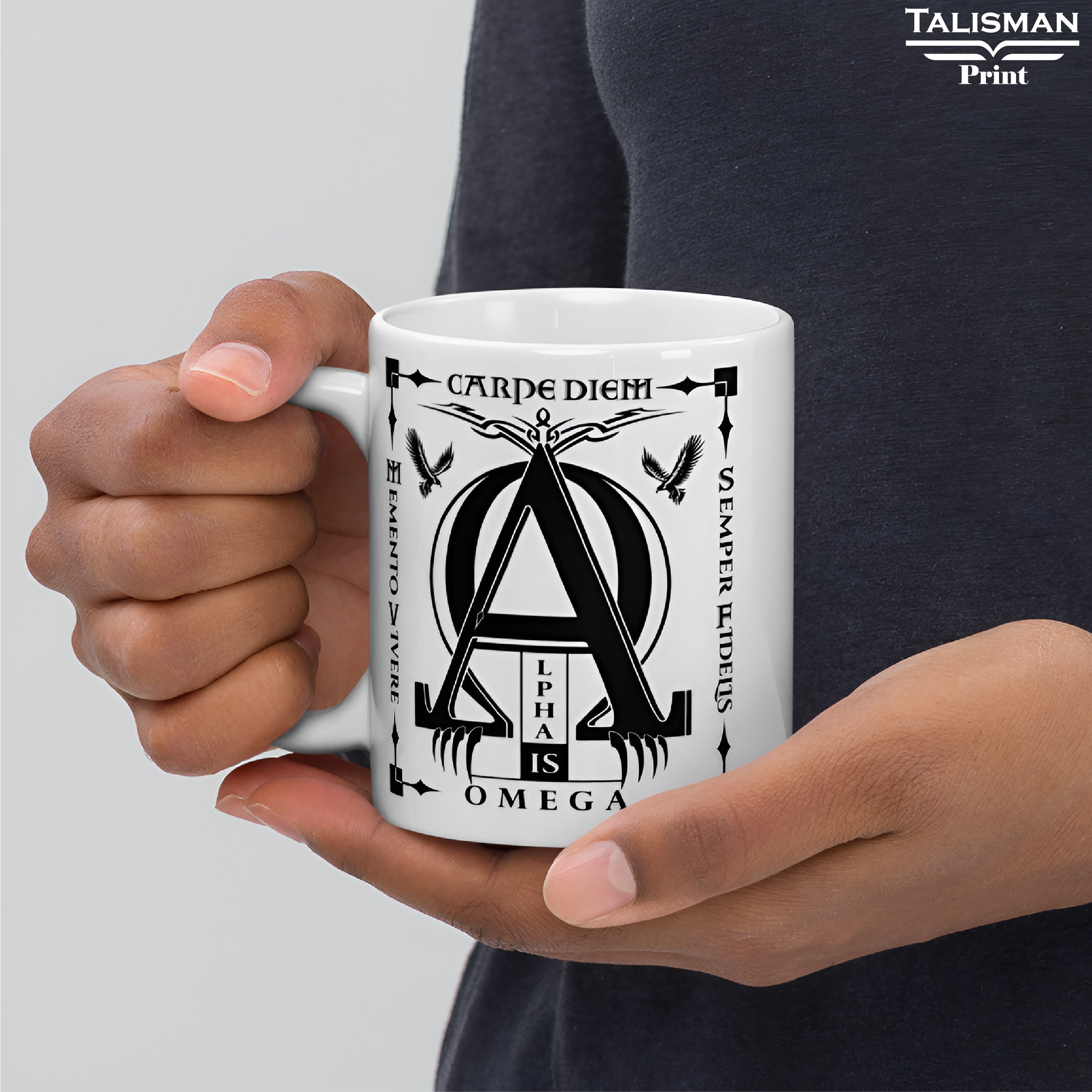 White Glossy 'Alpha is Omega’ Latin Talisman Graphic Valhalla Mug