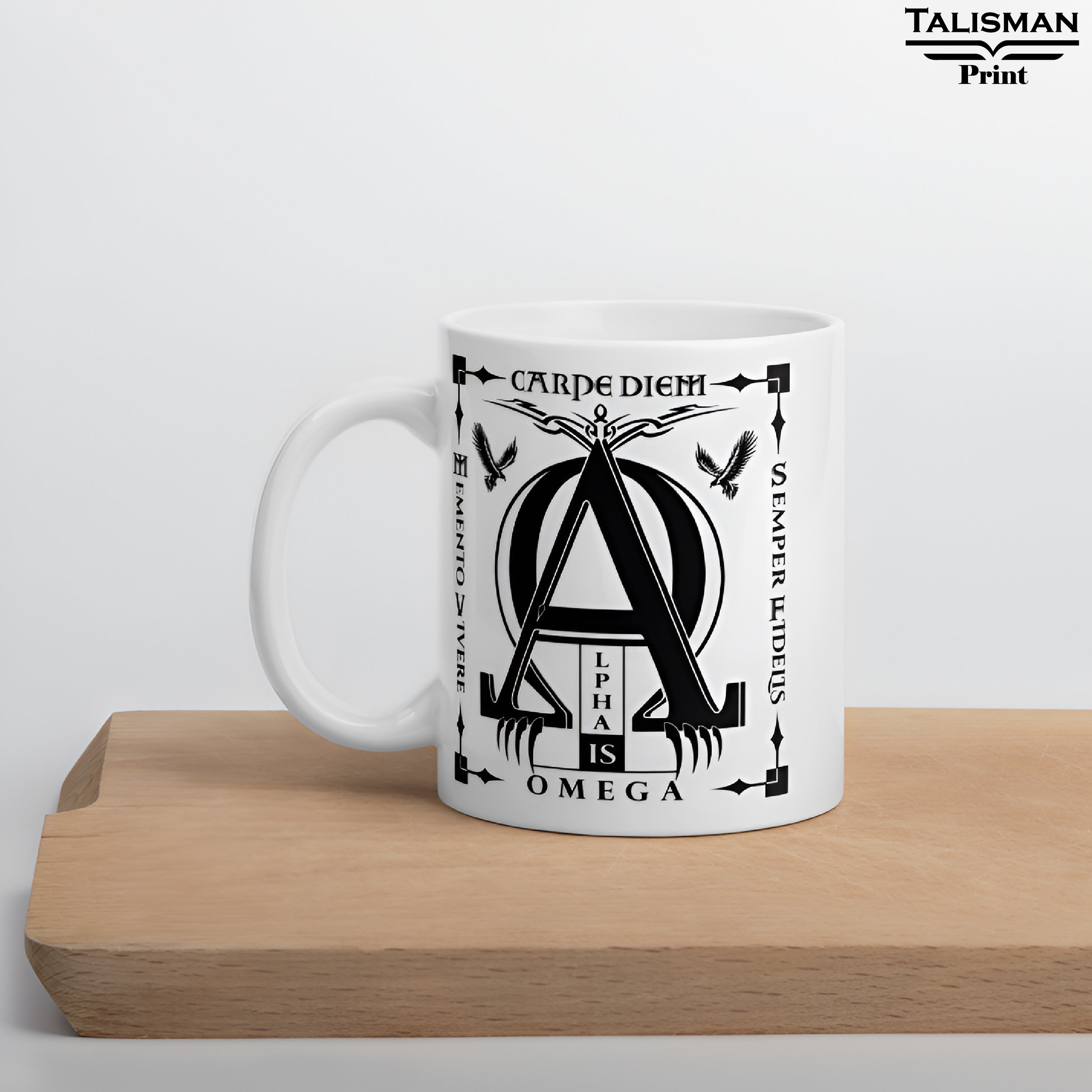 White Glossy 'Alpha is Omega’ Latin Talisman Graphic Valhalla Mug