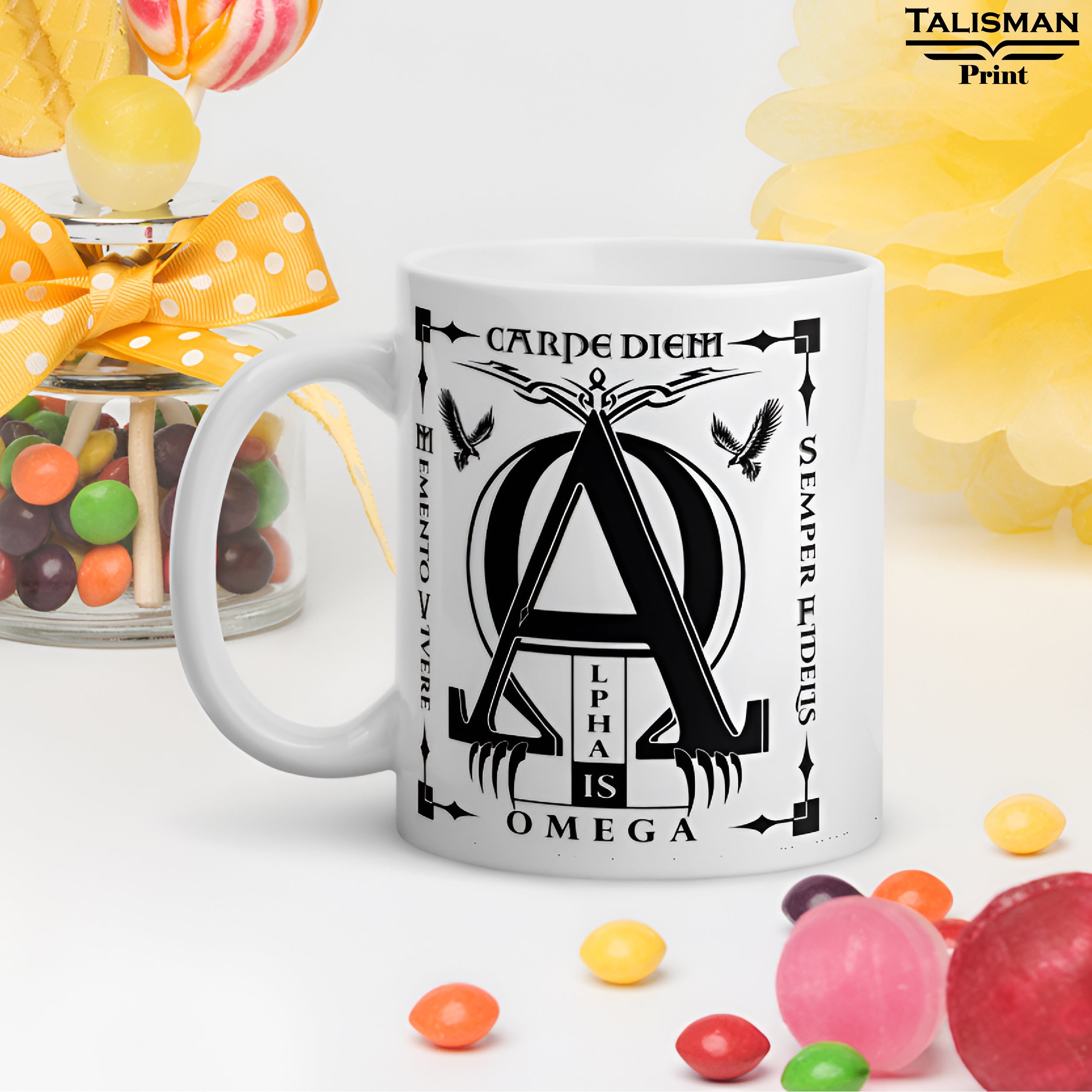 White Glossy 'Alpha is Omega’ Latin Talisman Graphic Valhalla Mug